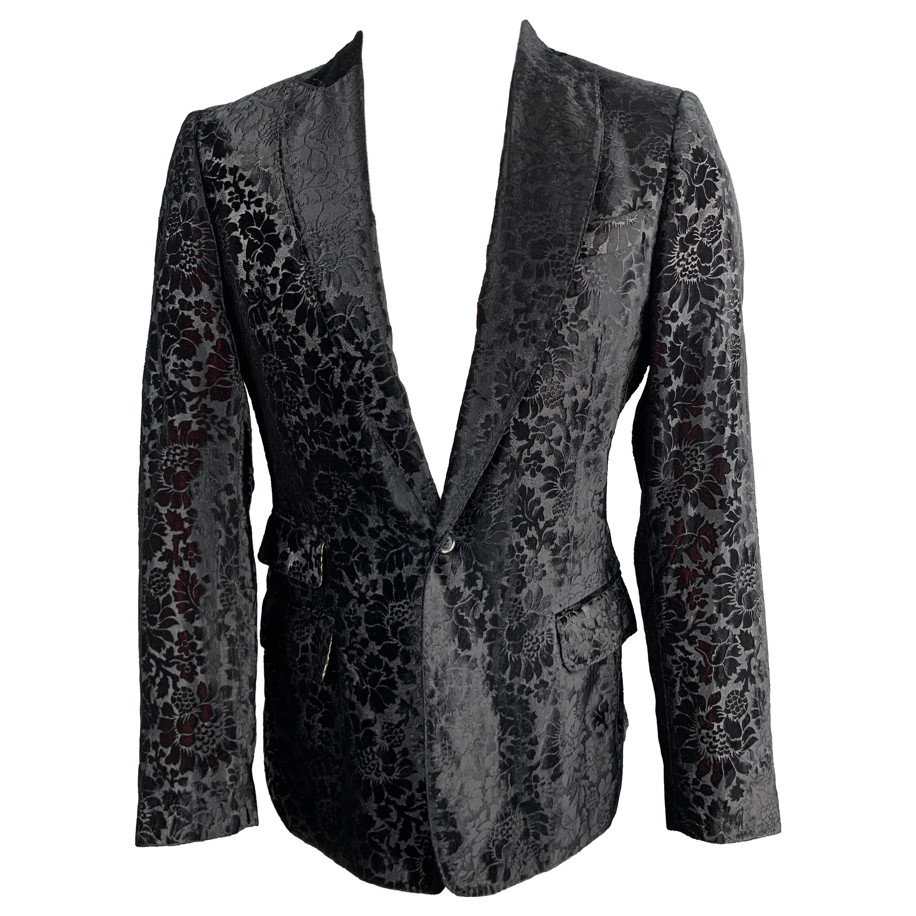 JUST CAVALLI Size 40 Black & Burgundy Floral Virgin Wool Sport Coat