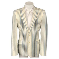 JUST CAVALLI Size 40 Cream & Blue Stripe Cotton Blend Peak Lapel Sport Coat