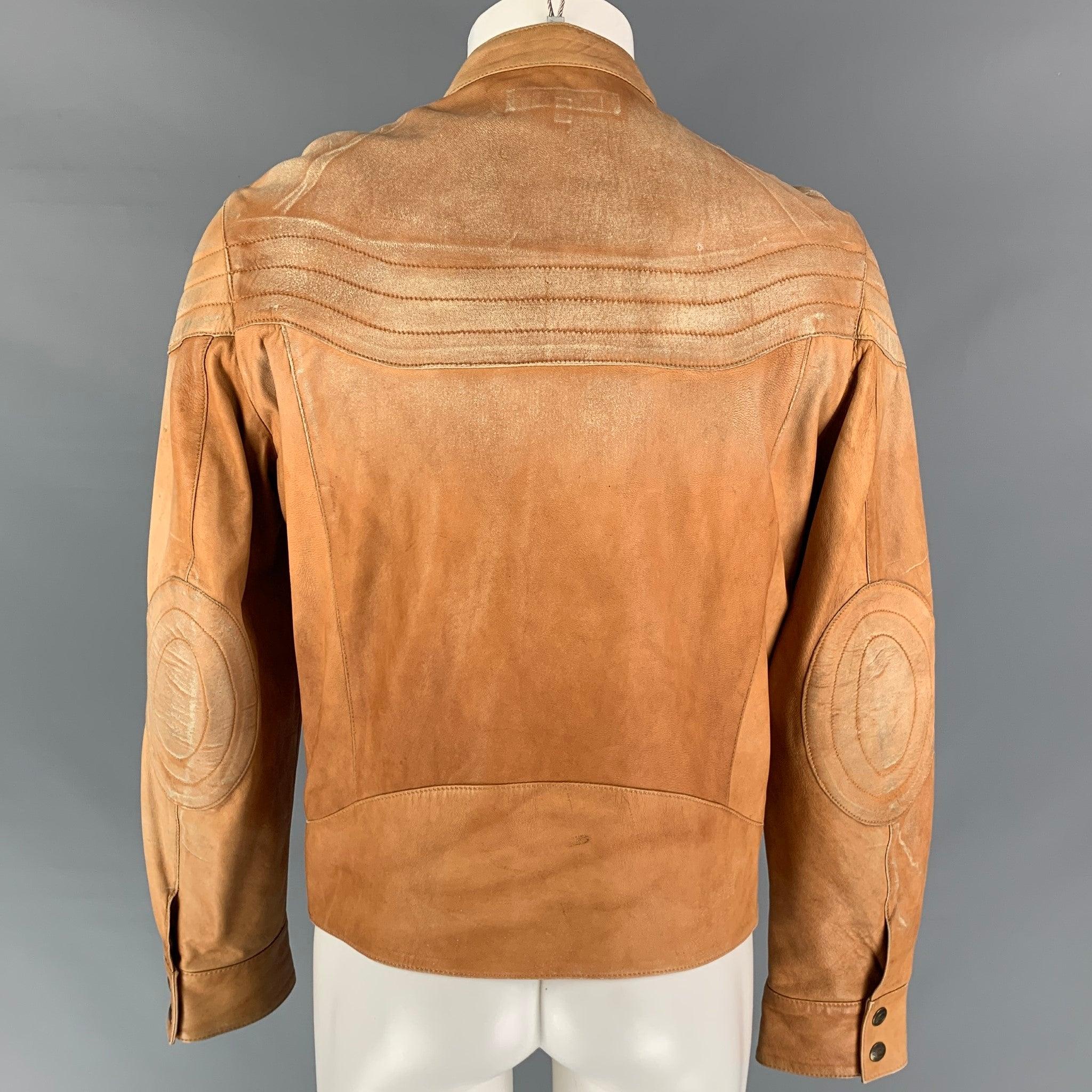 JUST CAVALLI Size 40 Tan Distressed Leather Biker Jacket For Sale 1