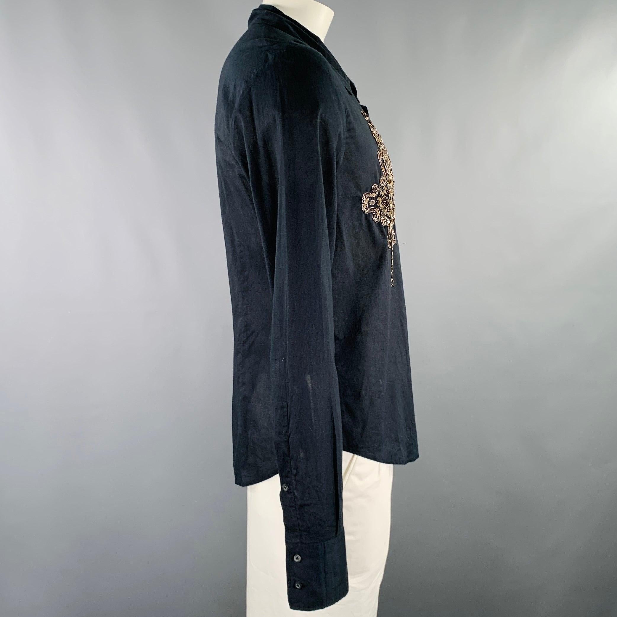 Men's JUST CAVALLI Size 42 Black Gold Embroidery Metal Long Sleeve Shirt For Sale