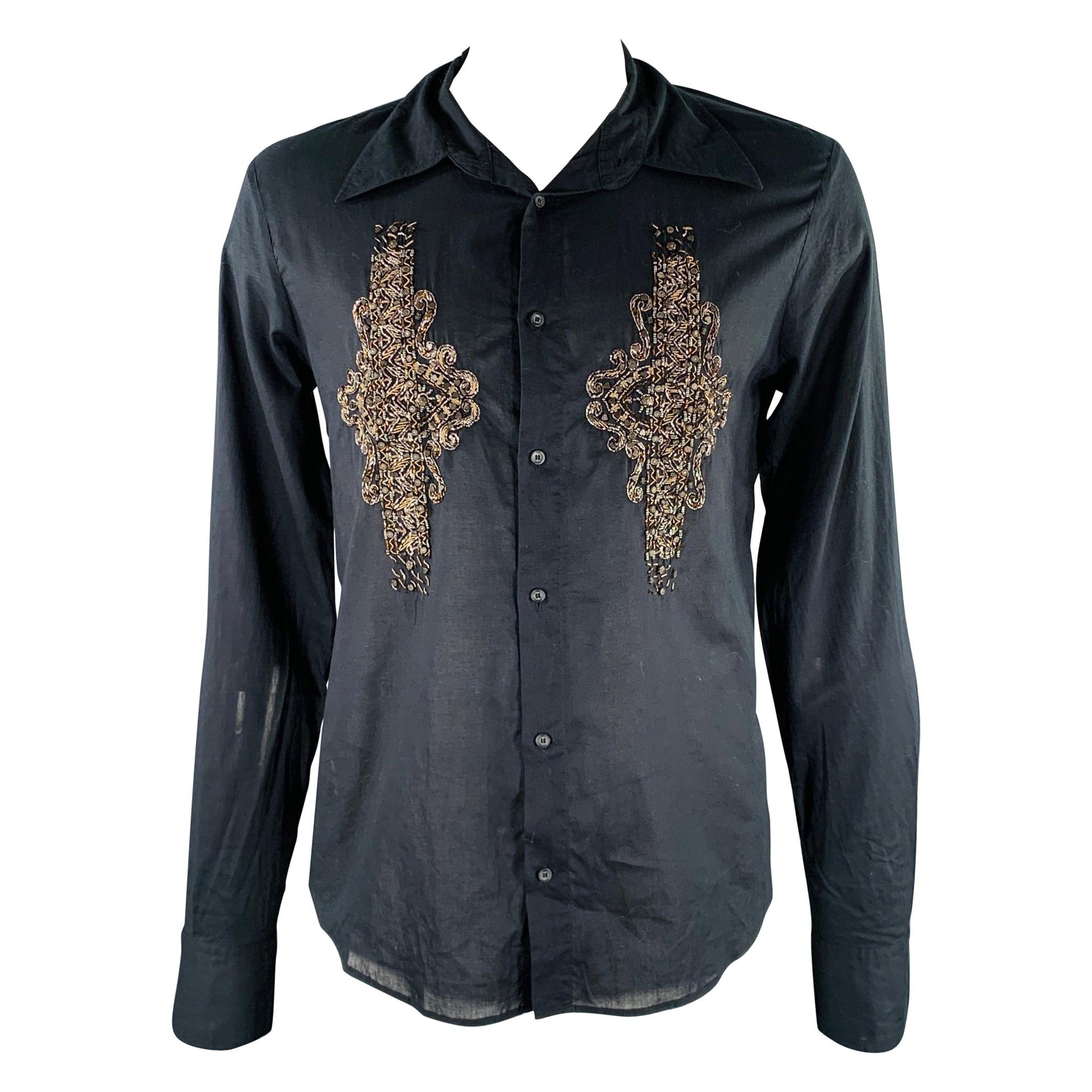 JUST CAVALLI Talla 42 Negro Bordado Oro Metal Camisa Manga Larga
