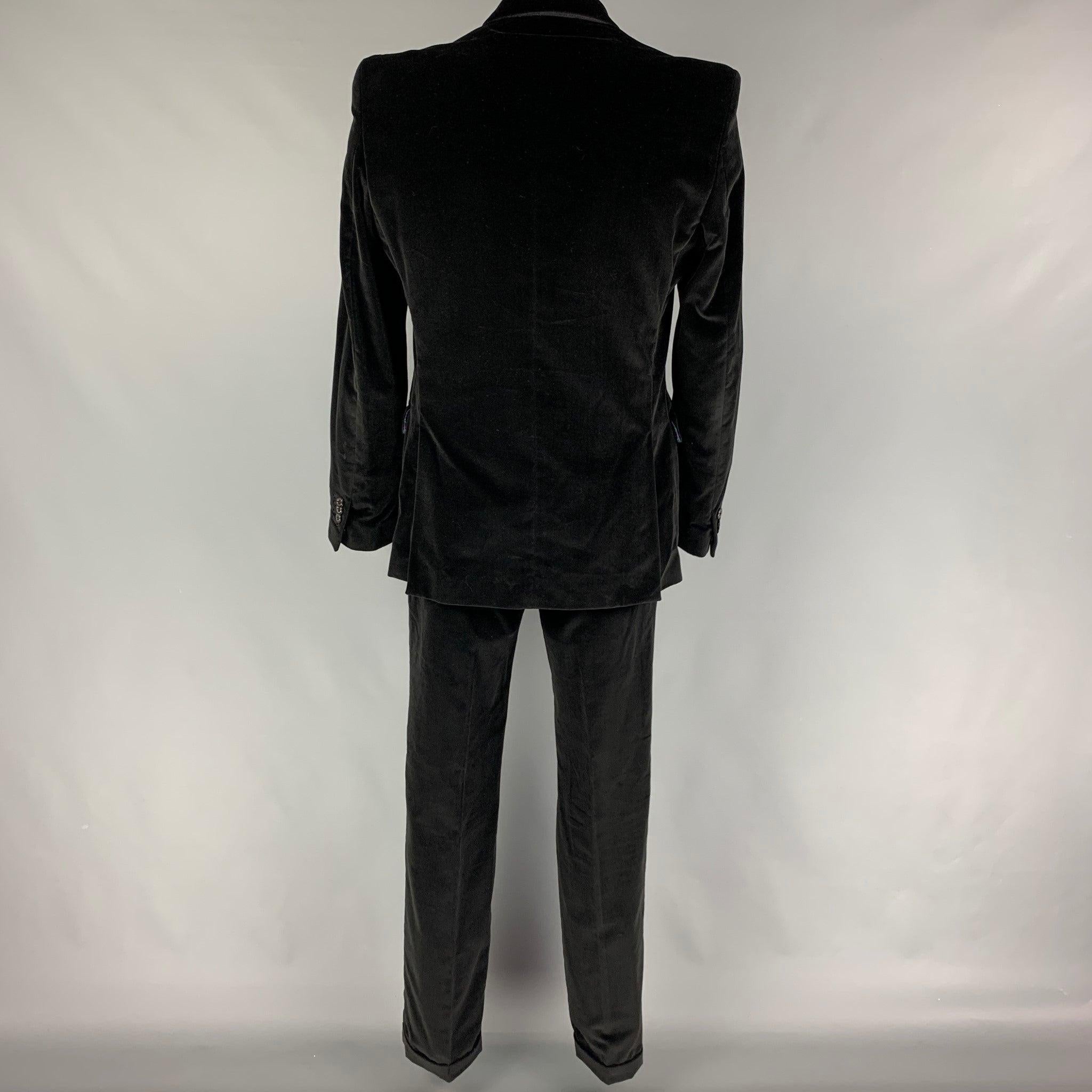 Men's JUST CAVALLI Size 44 Black Velvet Cotton Velvet Notch Lapel Suit For Sale