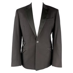 JUST CAVALLI Size 46 Black Cotton Satin Peak Lapel Flap Pocket Tuxedo