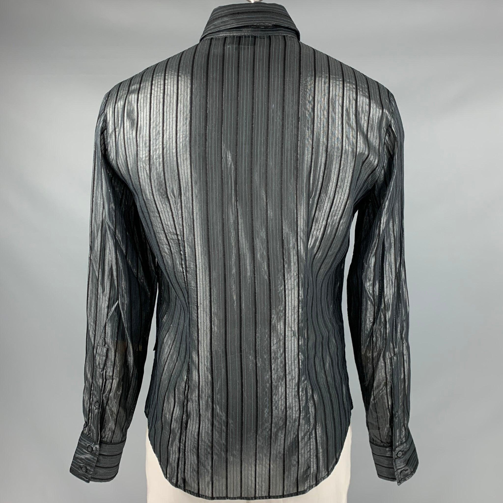 Men's JUST CAVALLI Size L Black Stripe Viscose Blend Button Up Long Sleeve Shirt For Sale