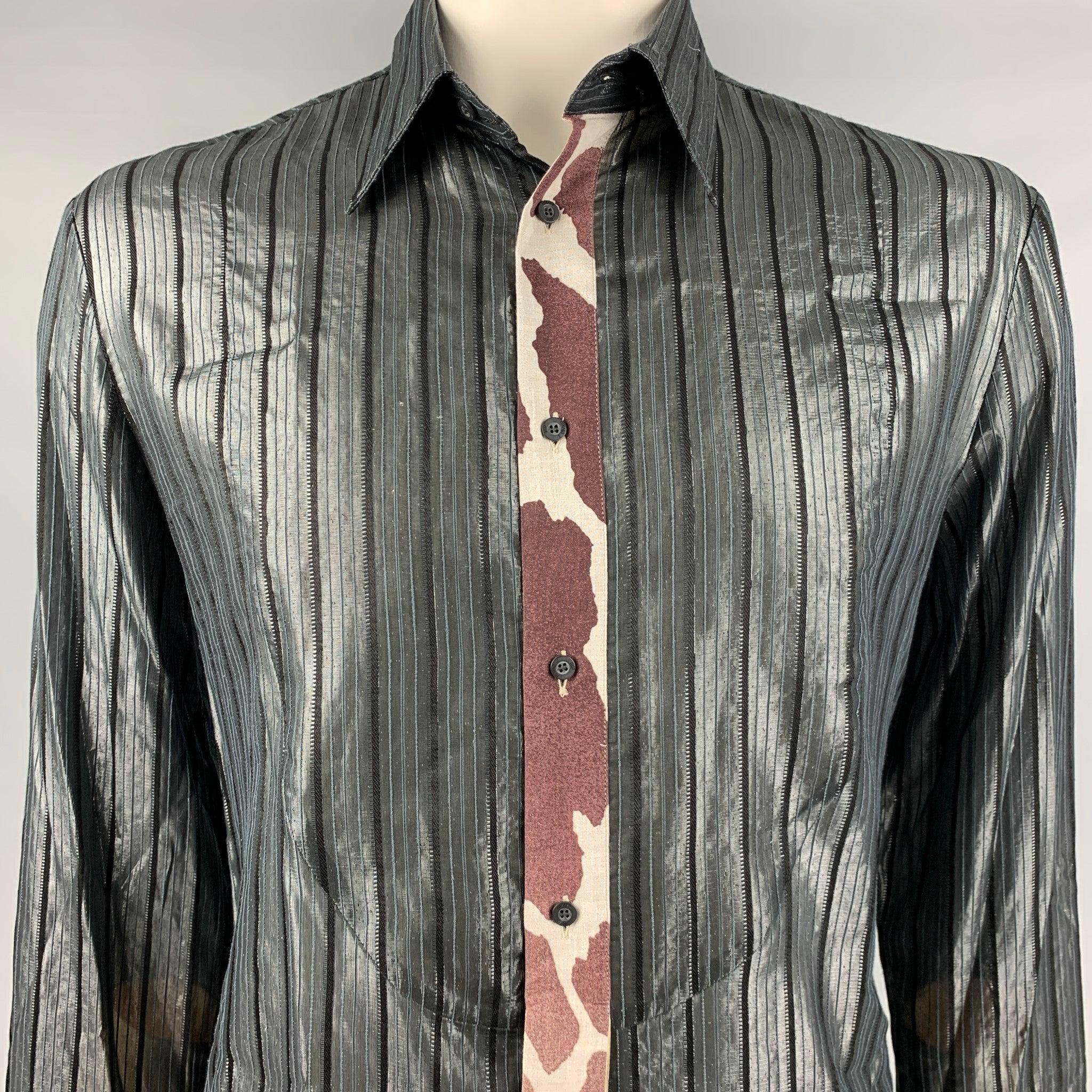 JUST CAVALLI Size L Black Stripe Viscose Blend Button Up Long Sleeve Shirt For Sale 2