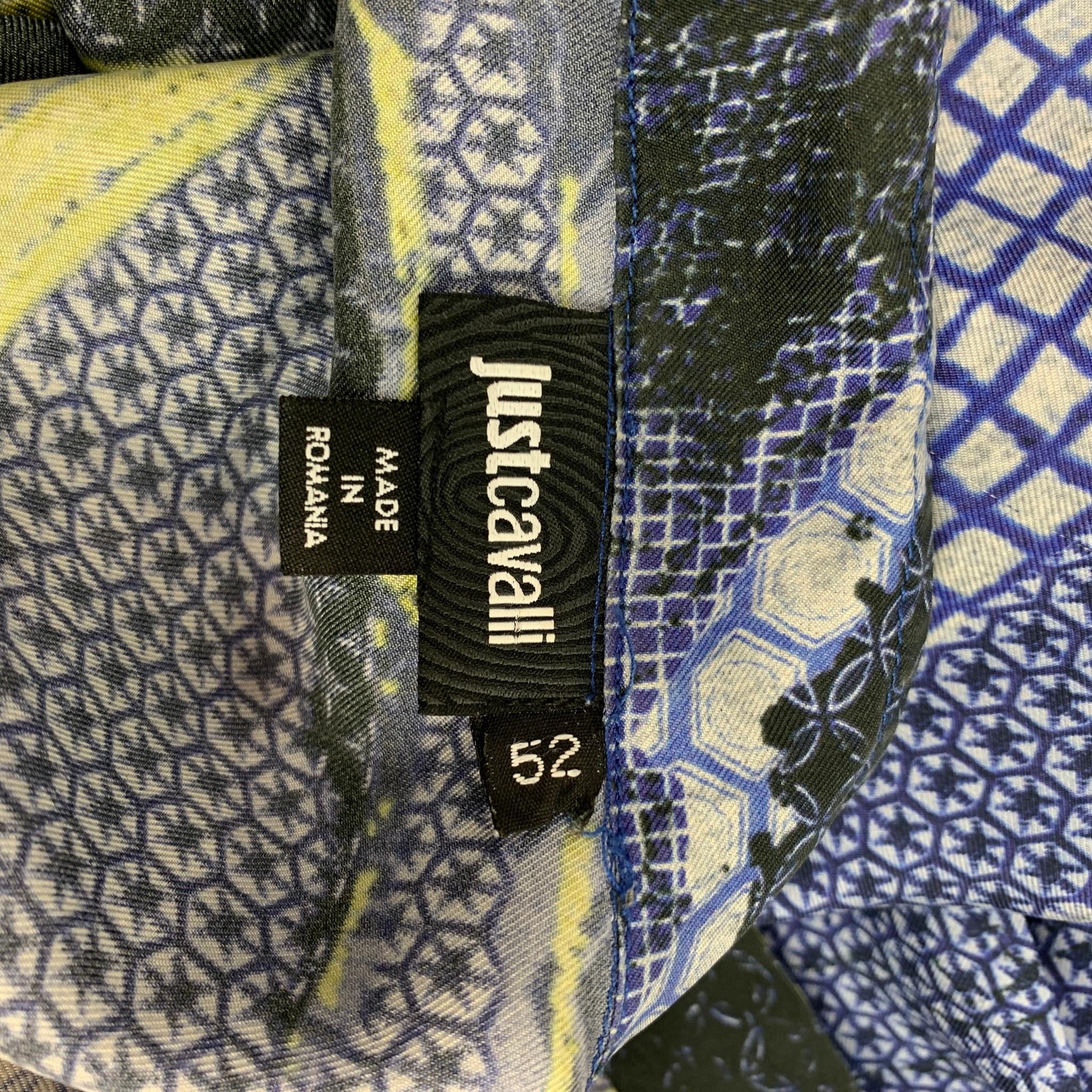 JUST CAVALLI Size L Blue & Yellow Print Silk French Cuff Long Sleeve Shirt 2