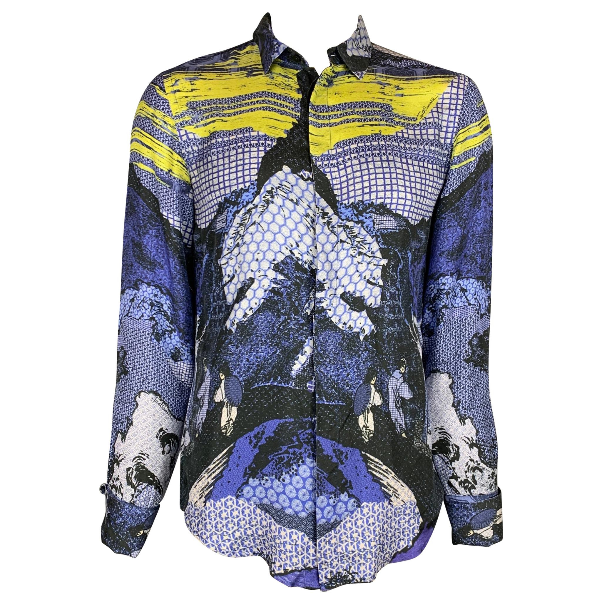 JUST CAVALLI Size L Blue & Yellow Print Silk French Cuff Long Sleeve Shirt