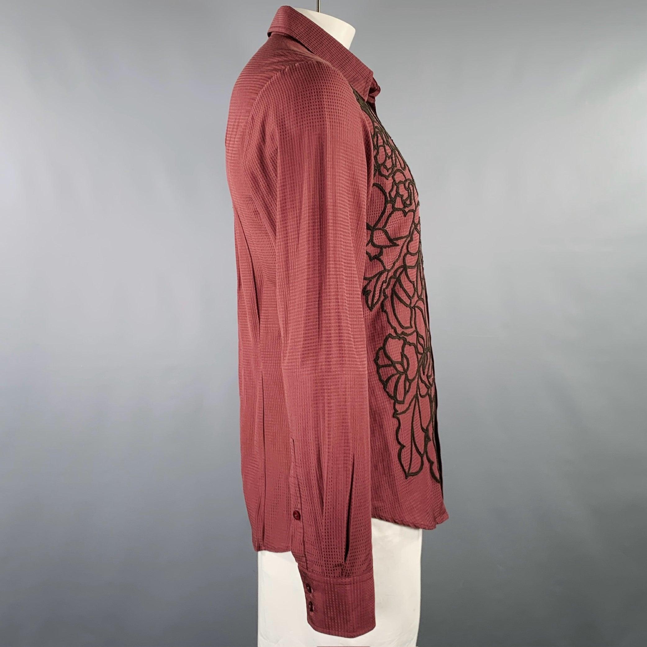 Red JUST CAVALLI Size L Burgundy Black Embroidery Cotton Silk Long Sleeve Shirt