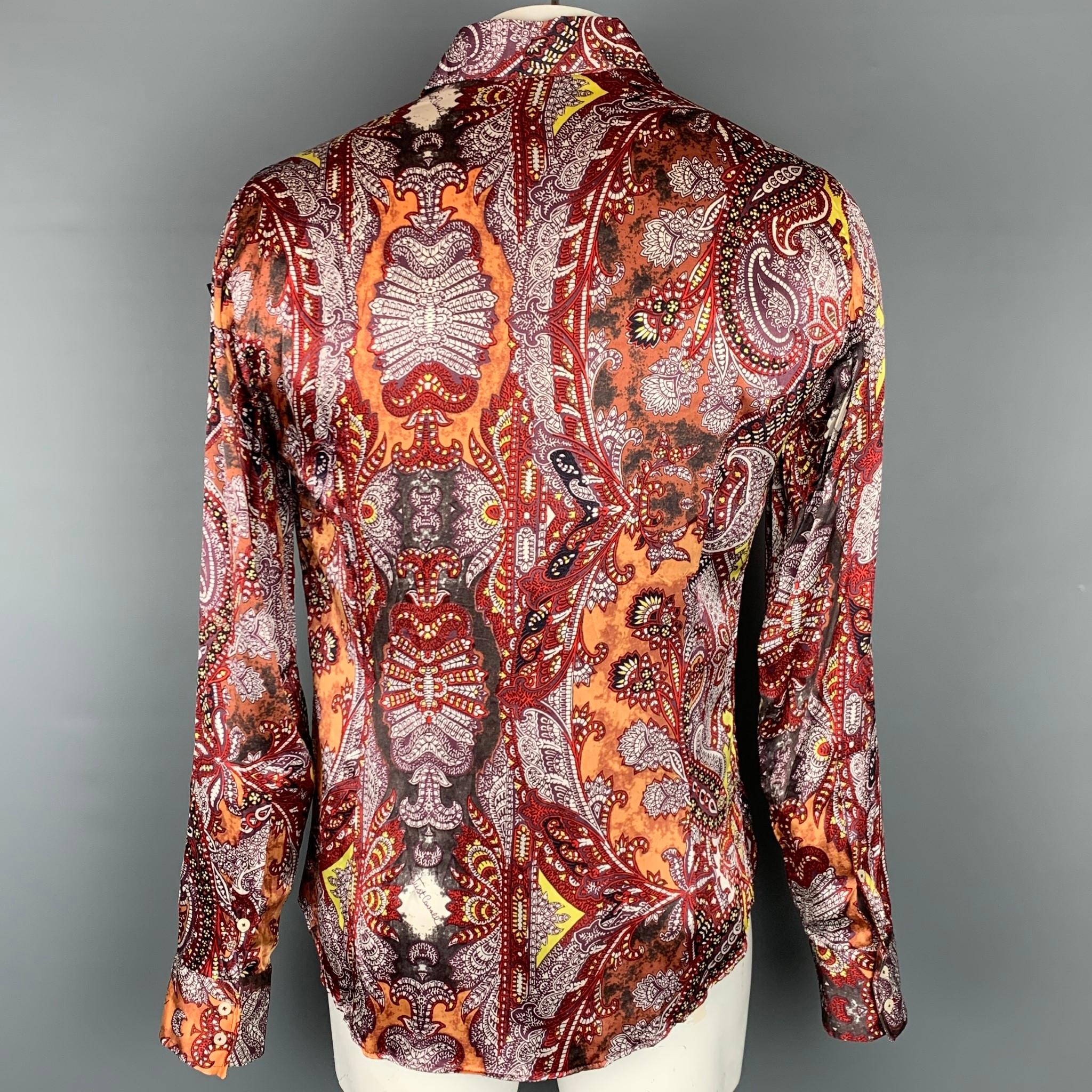 Men's JUST CAVALLI Size L Burgundy & Brown Print Silk Button Up Long Sleeve Shirt