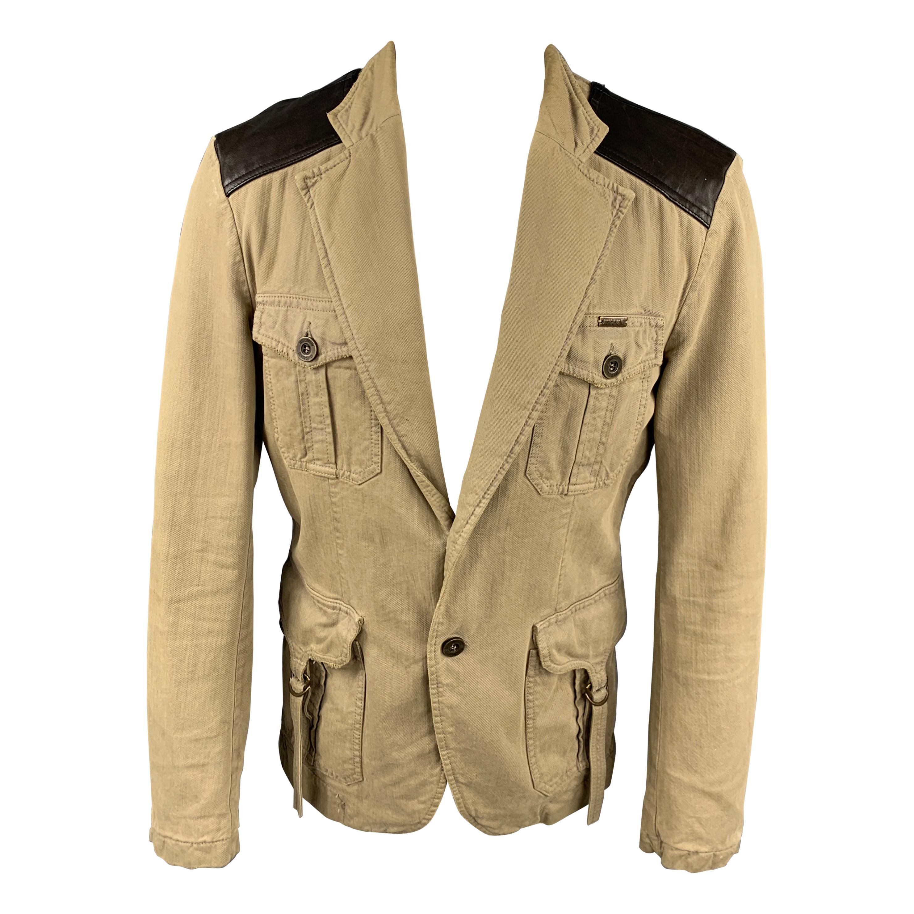 JUST CAVALLI Size L Khaki & Brown Mixed Fabrics Cotton Jacket