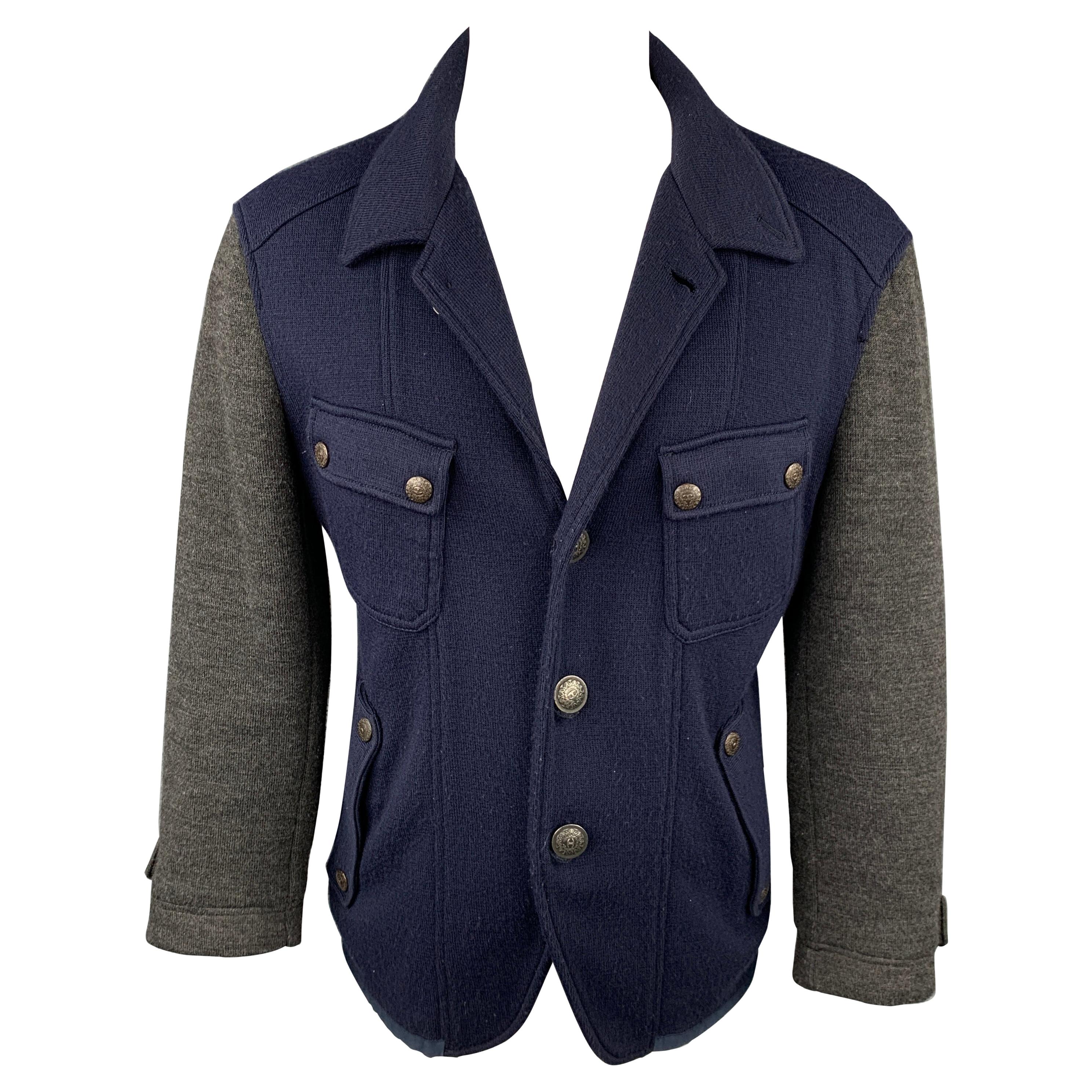 JUST CAVALLI Size L Navy & Grey Color Block Knit Jacket