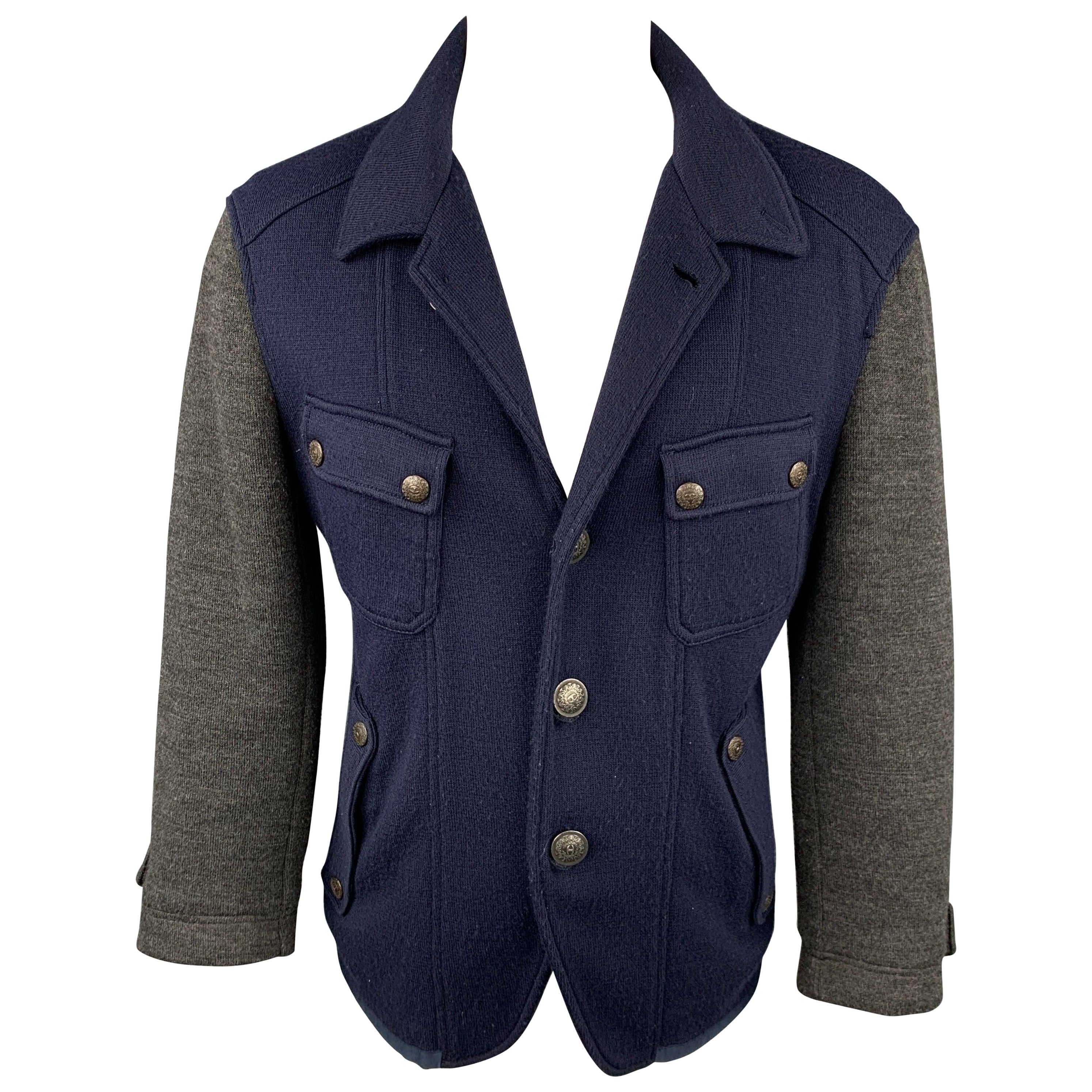 JUST CAVALLI Größe L Marineblaue & graue Farbblock-Strickjacke im Angebot