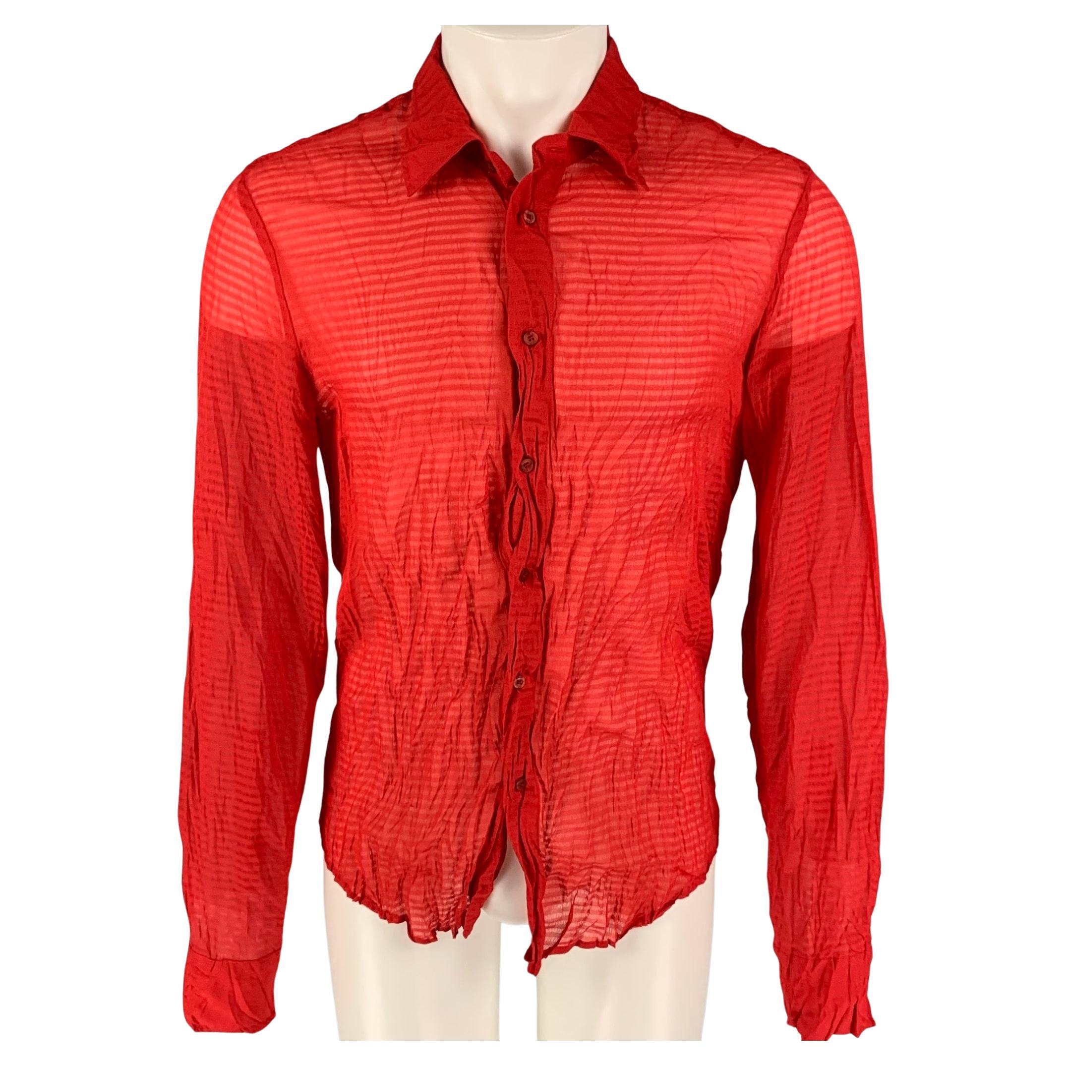 JUST CAVALLI Size L Red Wrinkled Polyester Button Down Long Sleeve Shirt