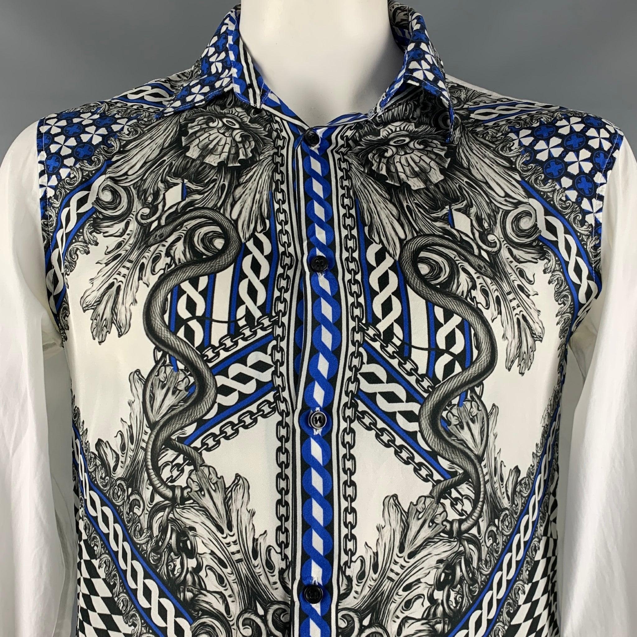 JUST CAVALLI long sleeve shirt in a white cotton fabric featuring a silk front with blue and black snake design, spread collar, and button closure.Very Good Pre-Owned Condition. Moderate signs of wear. 

Marked:   52 

Measurements: 
 
Shoulder: