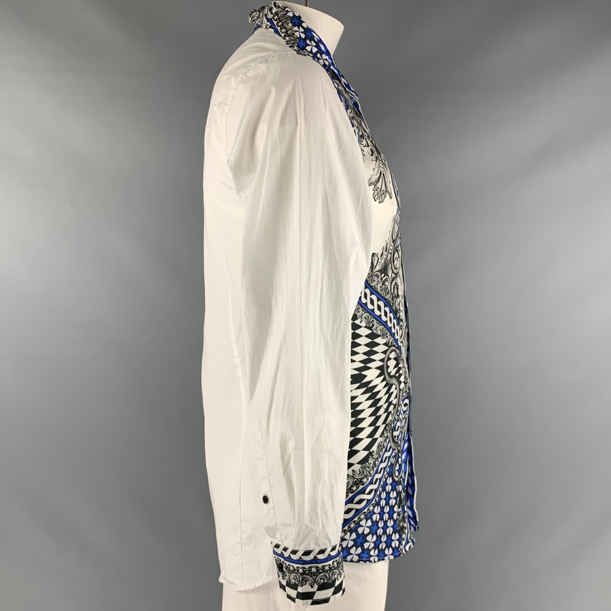 Men's JUST CAVALLI Size L White Blue Black Snake Cotton Long Sleeve Shirt For Sale