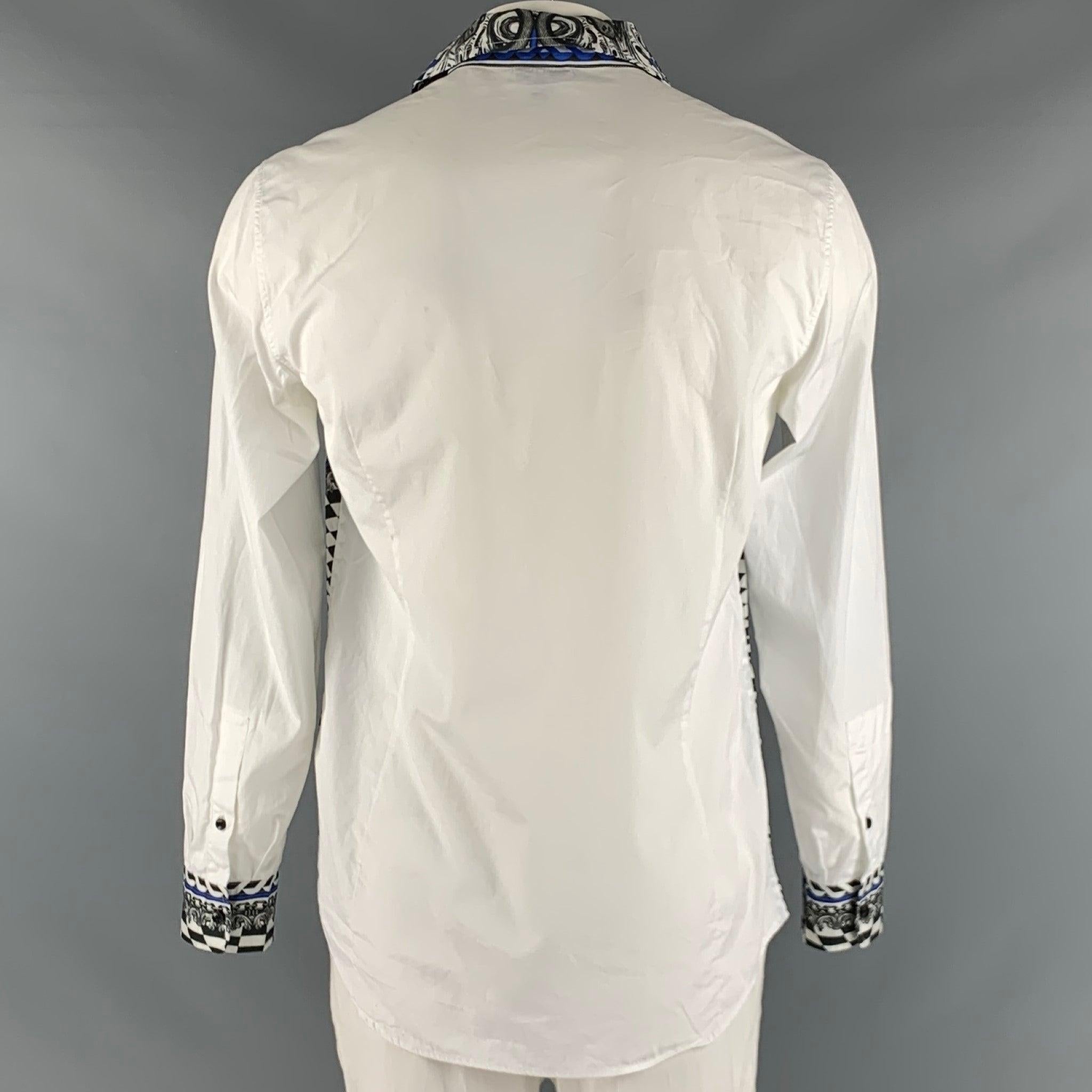 JUST CAVALLI Size L White Blue Black Snake Cotton Long Sleeve Shirt For Sale 1