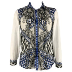 JUST CAVALLI Size L White Blue Black Snake Cotton Long Sleeve Shirt