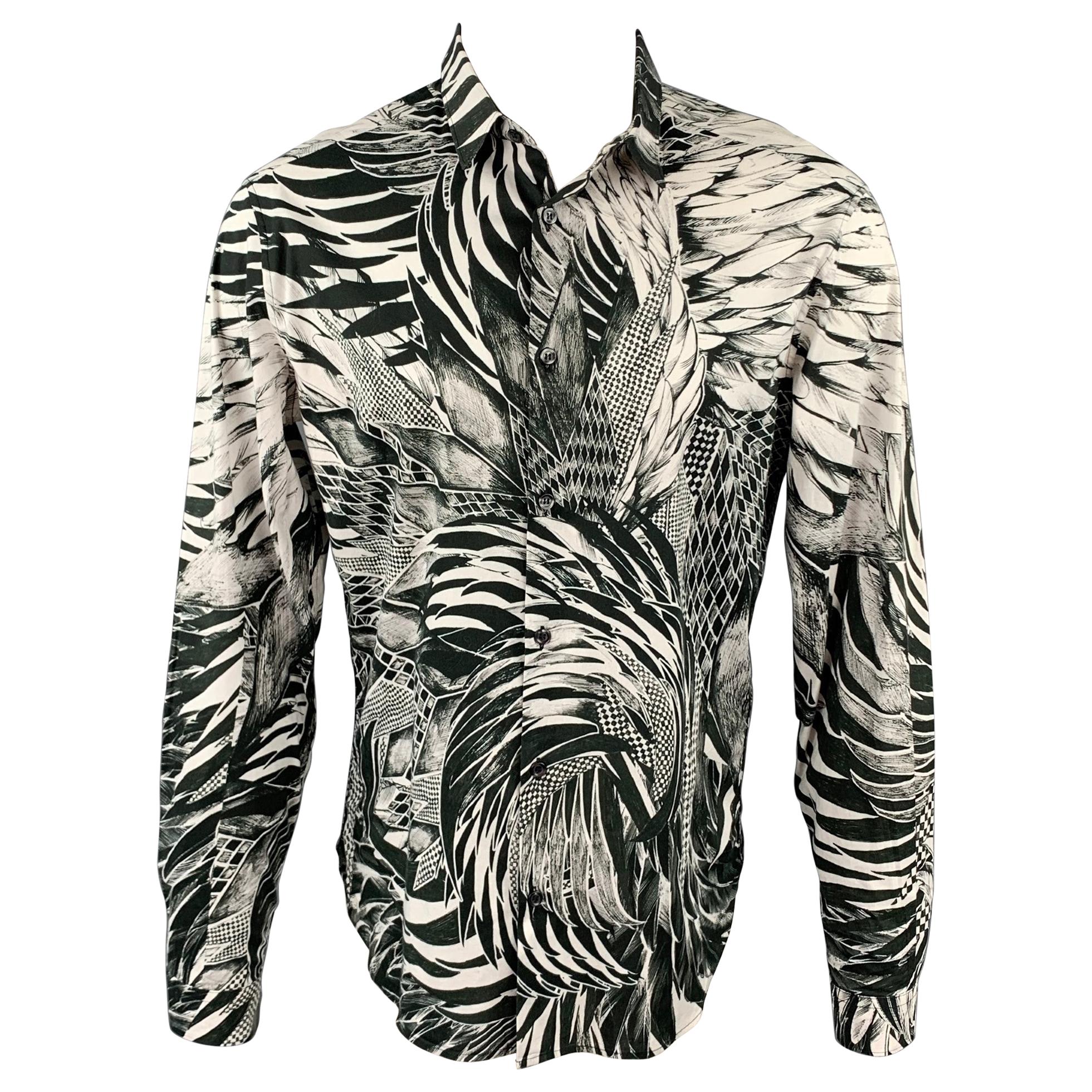 JUST CAVALLI Size M Black & White Abstract Print Cotton Button Up Shirt