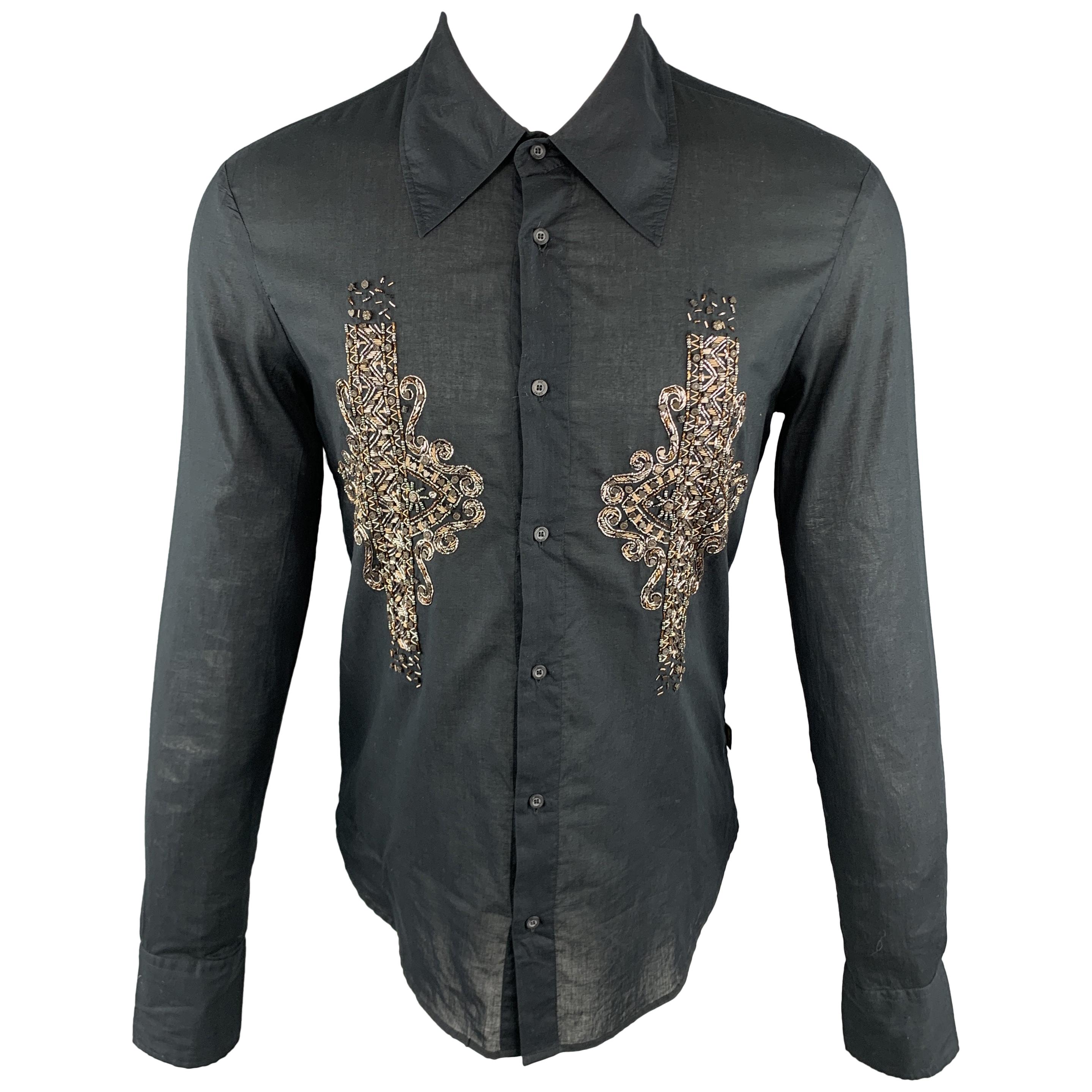 JUST CAVALLI Size M Embellishment Black Cotton Button Up Long Sleeve Shirt