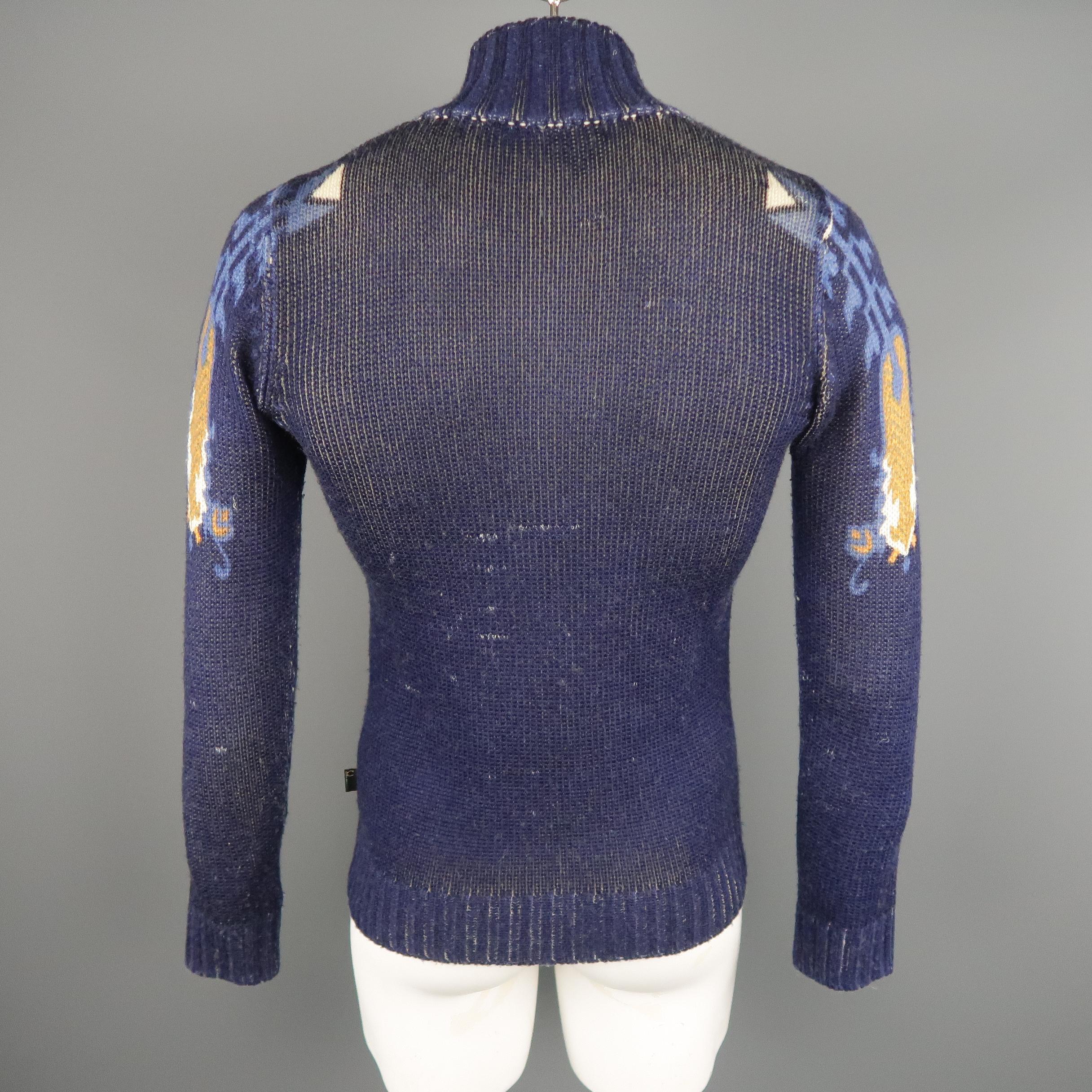 Men's JUST CAVALLI Size M Navy Print Wool Cardigan Sweater