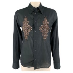 JUST CAVALLI Size XL Black Embroidery Cotton Button Up Long Sleeve Shirt