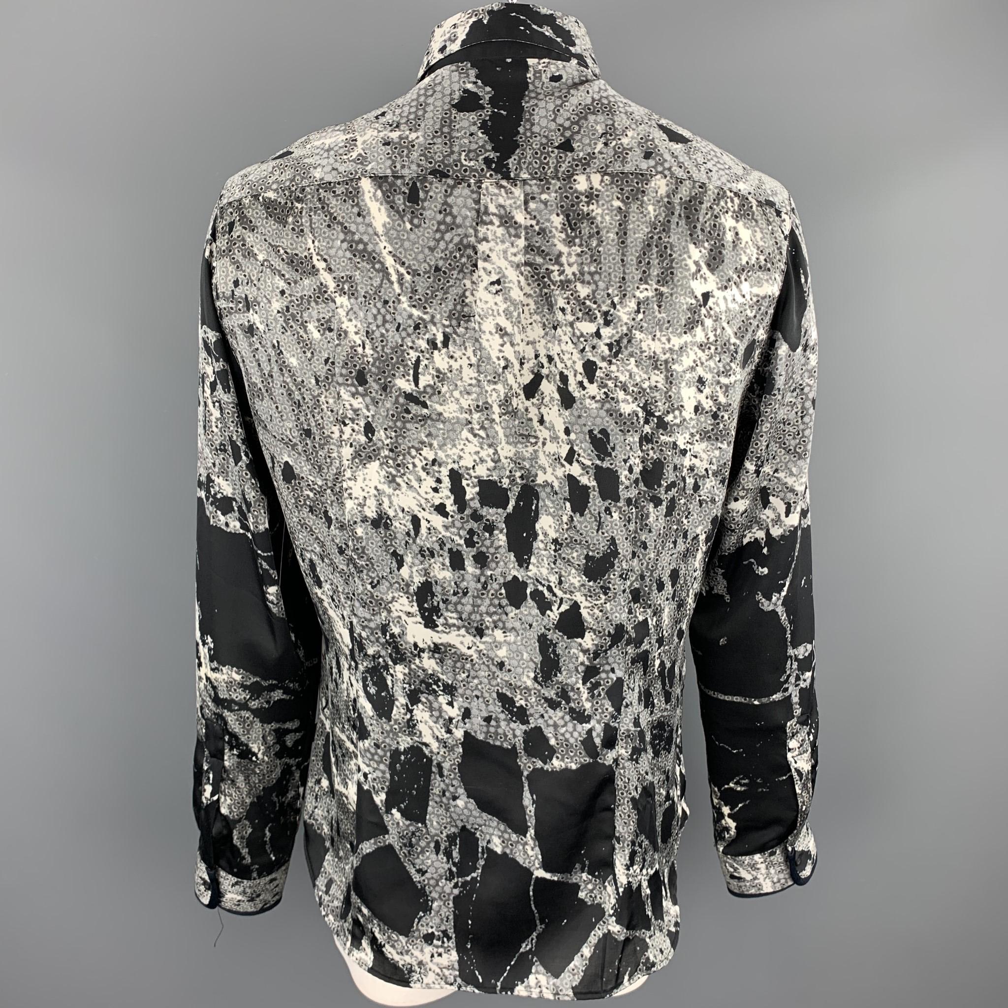 JUST CAVALLI Size XL Black & Grey Print Polyester Button Up Long Sleeve Shirt 1