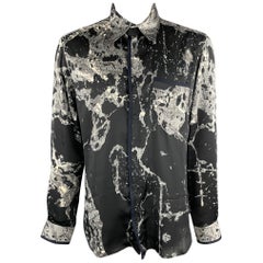 JUST CAVALLI Size XL Black & Grey Print Polyester Button Up Long Sleeve Shirt