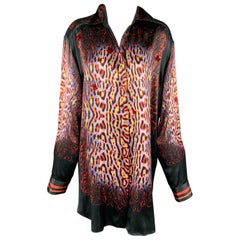 JUST CAVALLI Size XL Black & Red Print Silk Hidden Buttons Shirt