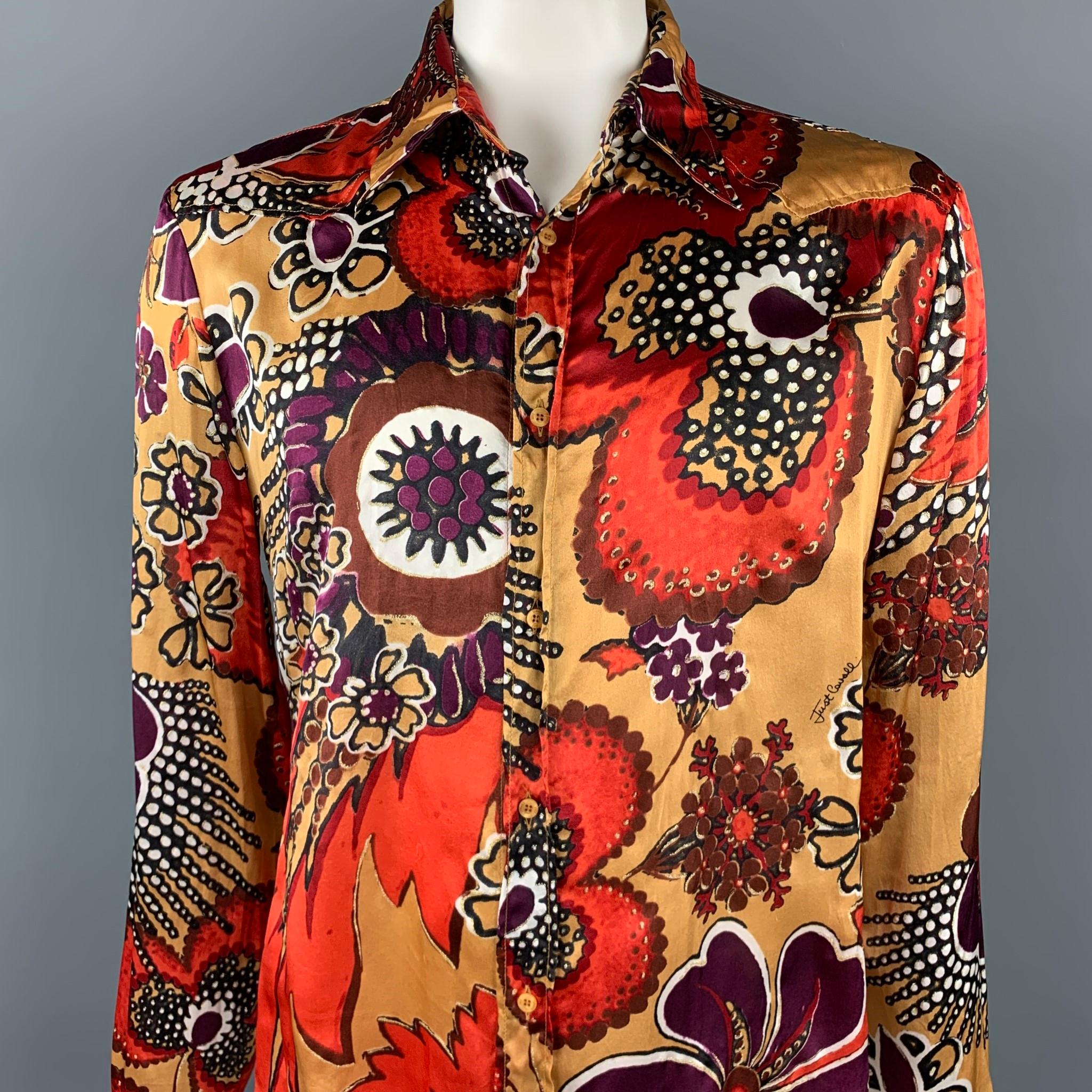 JUST CAVALLI long sleeve shirt comes in a gold & brown floral silk with metallic details featuring a button up style and a spread collar. Made in Italy.

Very Good Pre-Owned Condition.
Marked: IT 54

Measurements:

Shoulder: 20 in.
Chest: 44 in.