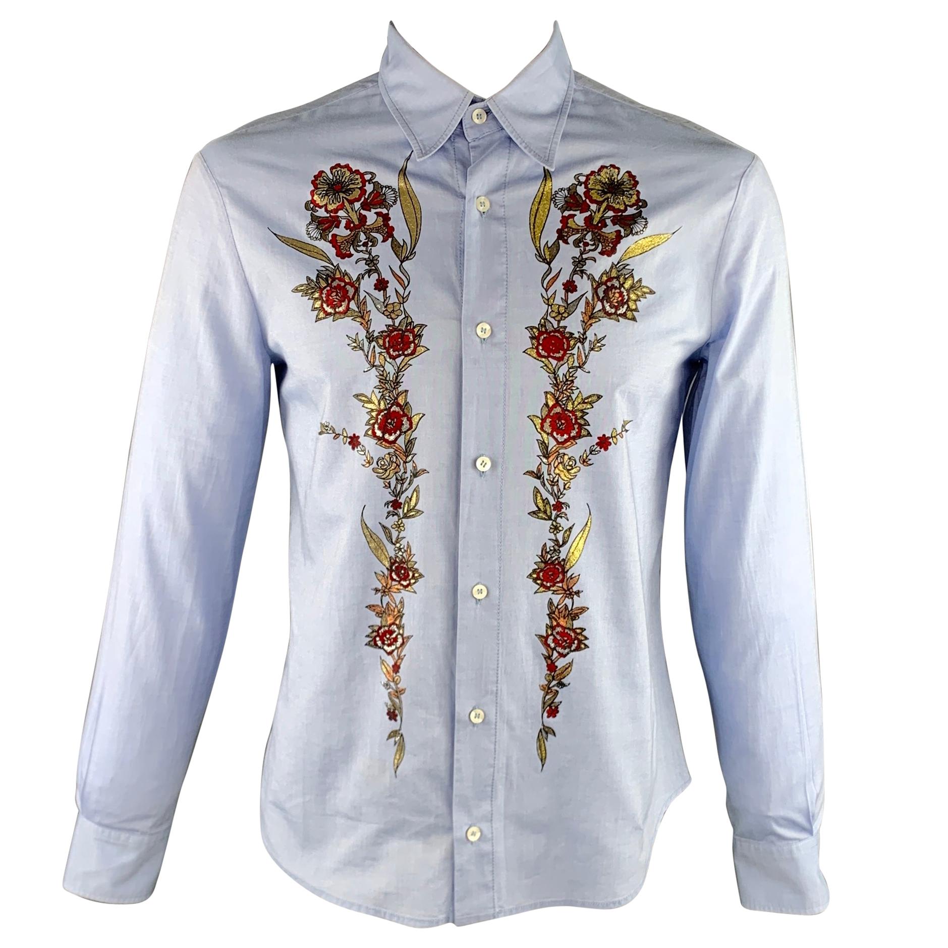 JUST CAVALLI Size XL Light Blue Embellishment Cotton Button Up Long Sleeve Shirt