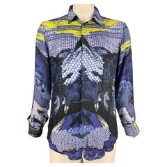 JUST CAVALLI Size XL Purple & Yellow Graphic Silk Button Up Long Sleeve Shirt