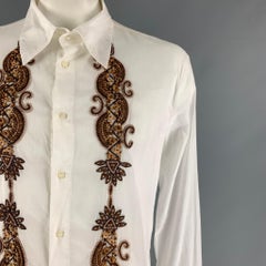 JUST CAVALLI Size XL White Brown Beaded Cotton Button Up Long Sleeve Shirt
