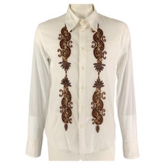 JUST CAVALLI Size XL White Brown Beaded Cotton Button Up Long Sleeve Shirt