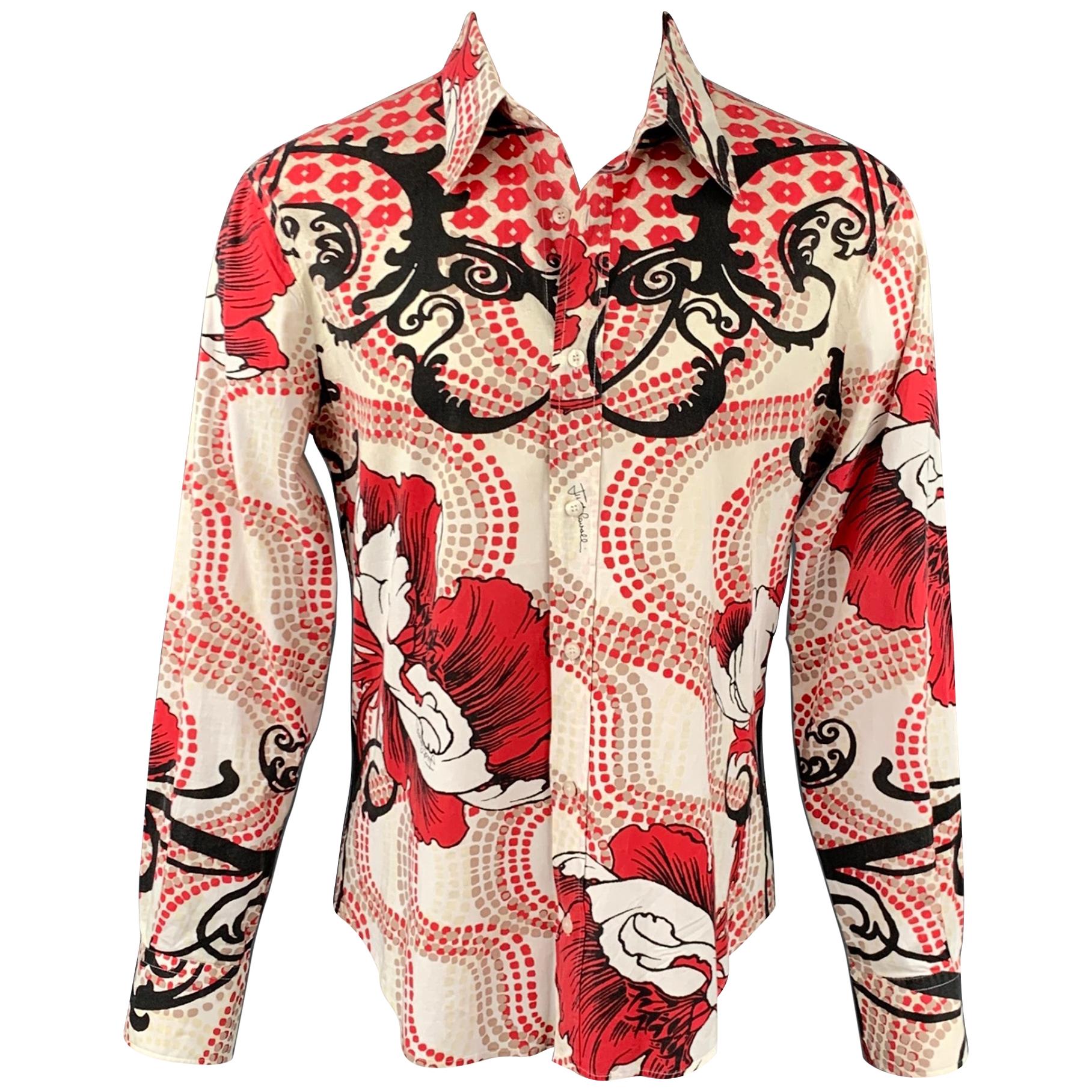 JUST CAVALLI Size XL White & Red Print Cotton Button Up Long Sleeve Shirt