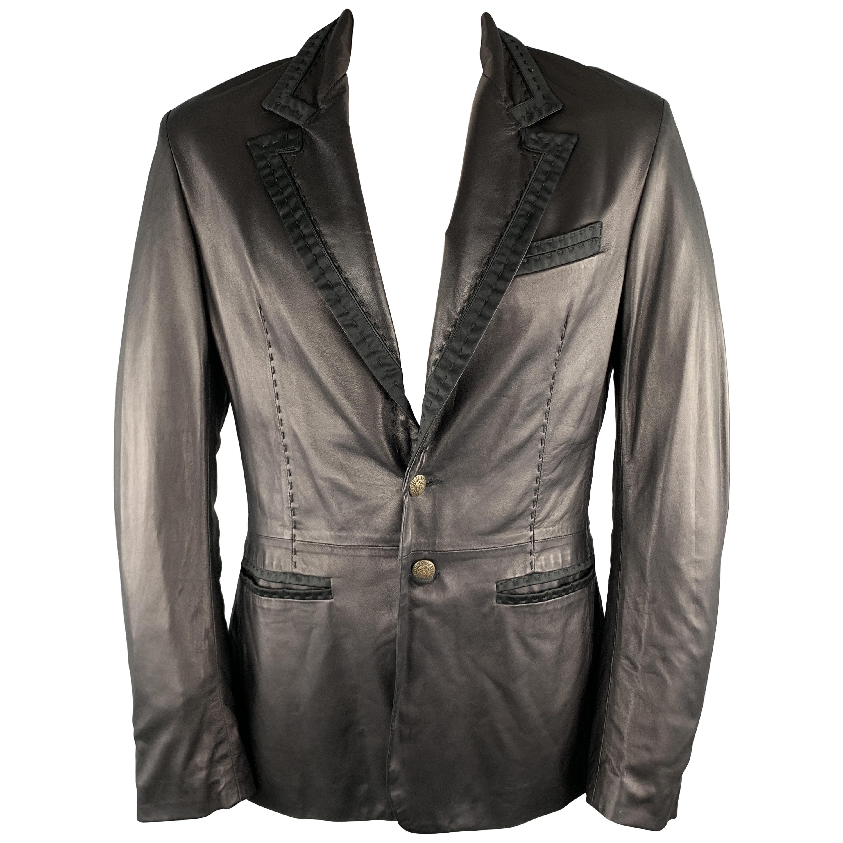 JUST CAVALLI Size XXL Black Solid Leather Peak Lapel Jacket