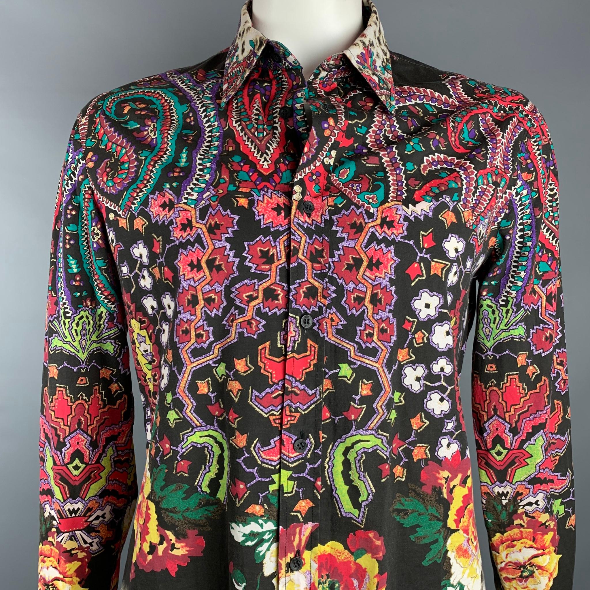 JUST CAVALLI long sleeve shirt comes in a multi-color print cotton blend featuring a button up style and a spread collar. Made in Italy.

Very Good Pre-Owned Condition.
Marked: XXL

Measurements:

Shoulder: 19.5 in.
Chest: 46 in.
Sleeve: 27