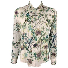 JUST CAVALLI Size XXL White & Green Floral Print Cotton Button Up Shirt