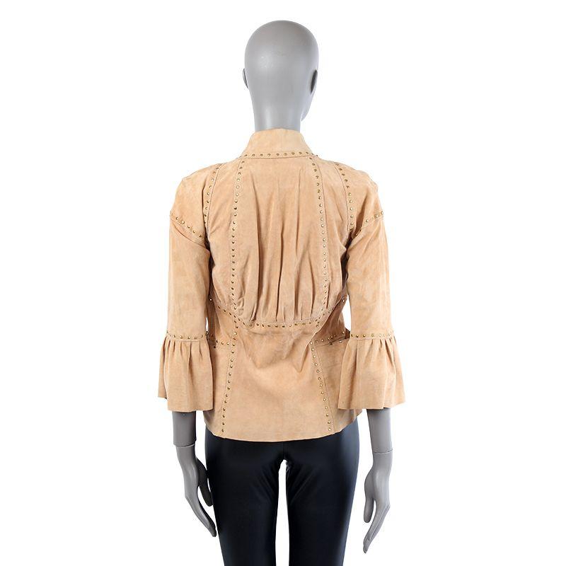 100% authentic JustCavalli by Roberto Cavalli draped peak-collar jacket in tan suede with bronze studs, flared 7/8 sleeves, two side slit pockets, attached belt straps, and gathered back. Unlined. Has been worn and is in excellent