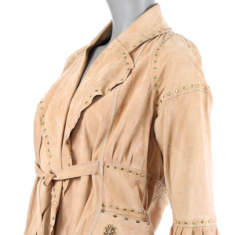 JUST CAVALLI tan suede STUDDED DRAPED BELTED Jacket 40 S In Excellent Condition In Zürich, CH