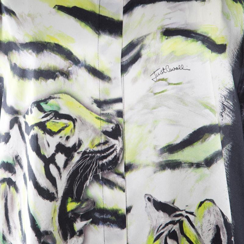 Women's Just Cavalli Tiger Printed Silk Long Sleeve Shirt Dress M