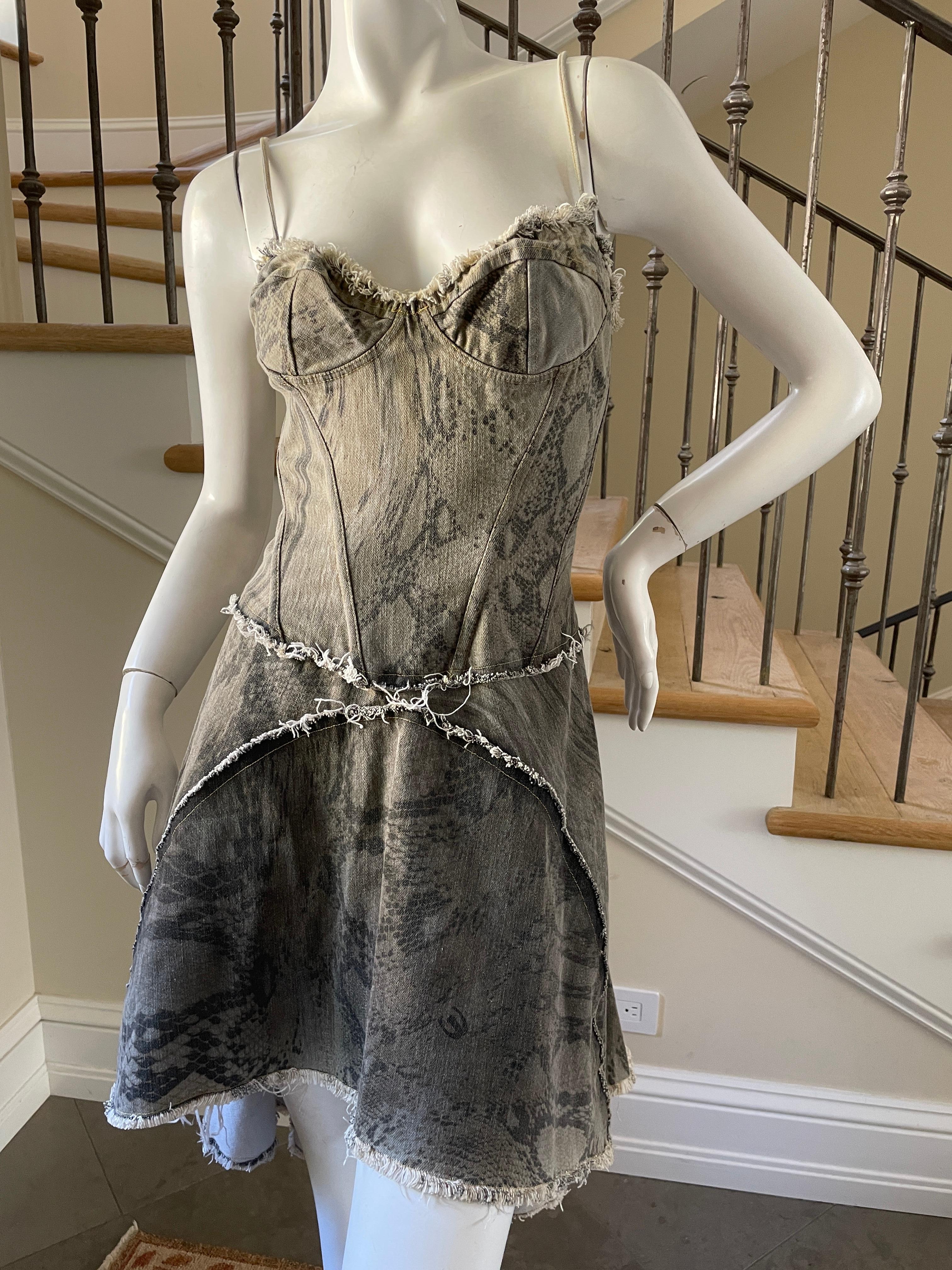 Just Cavalli Vintage Cotton Denim Snake Print Corset Dress by Roberto Cavalli
 Sz 42
 This is so pretty, looks better on live model.
Bust 36