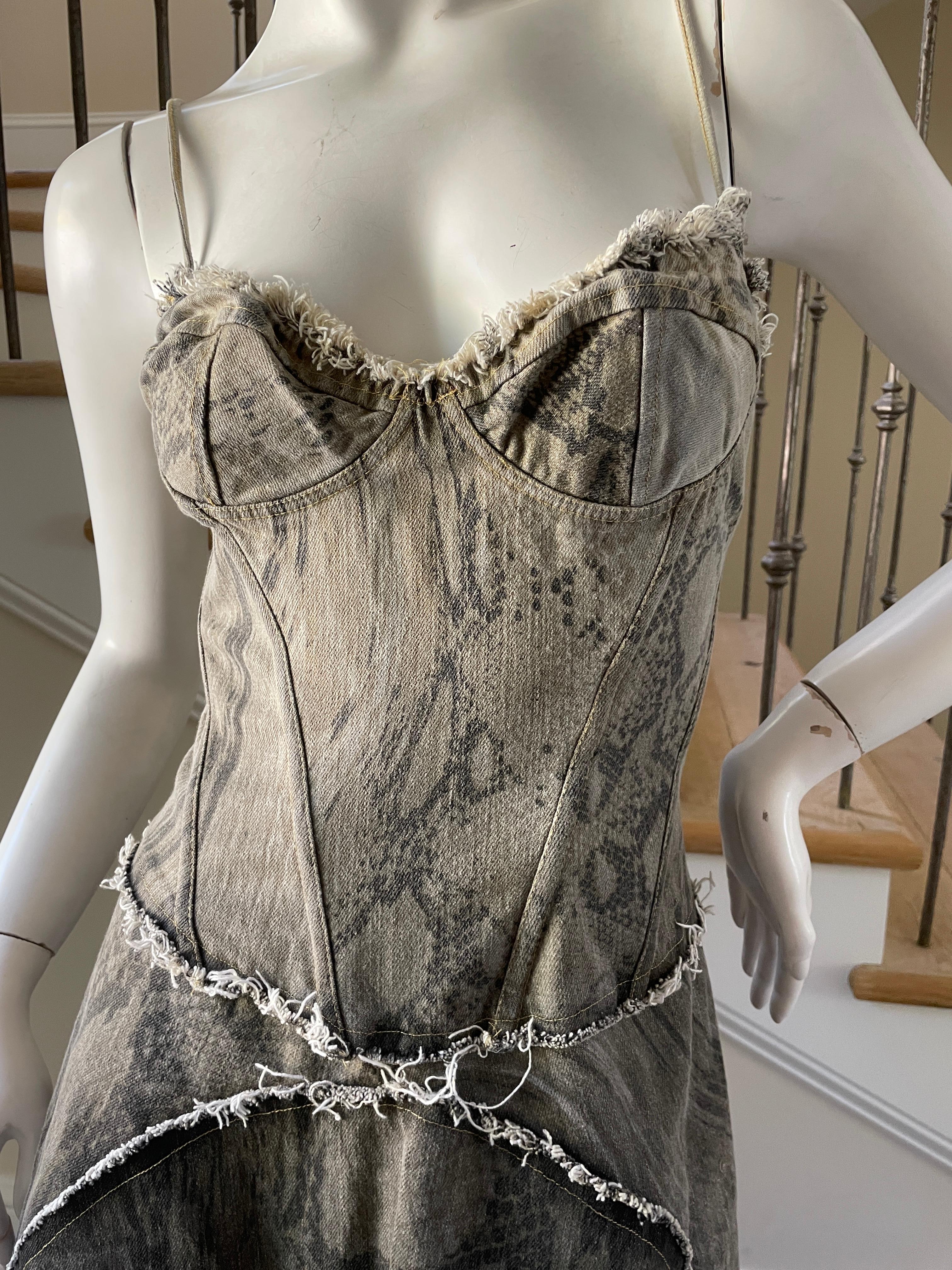 Gray Just Cavalli Vintage Cotton Denim Snake Print Corset Dress by Roberto Cavalli For Sale