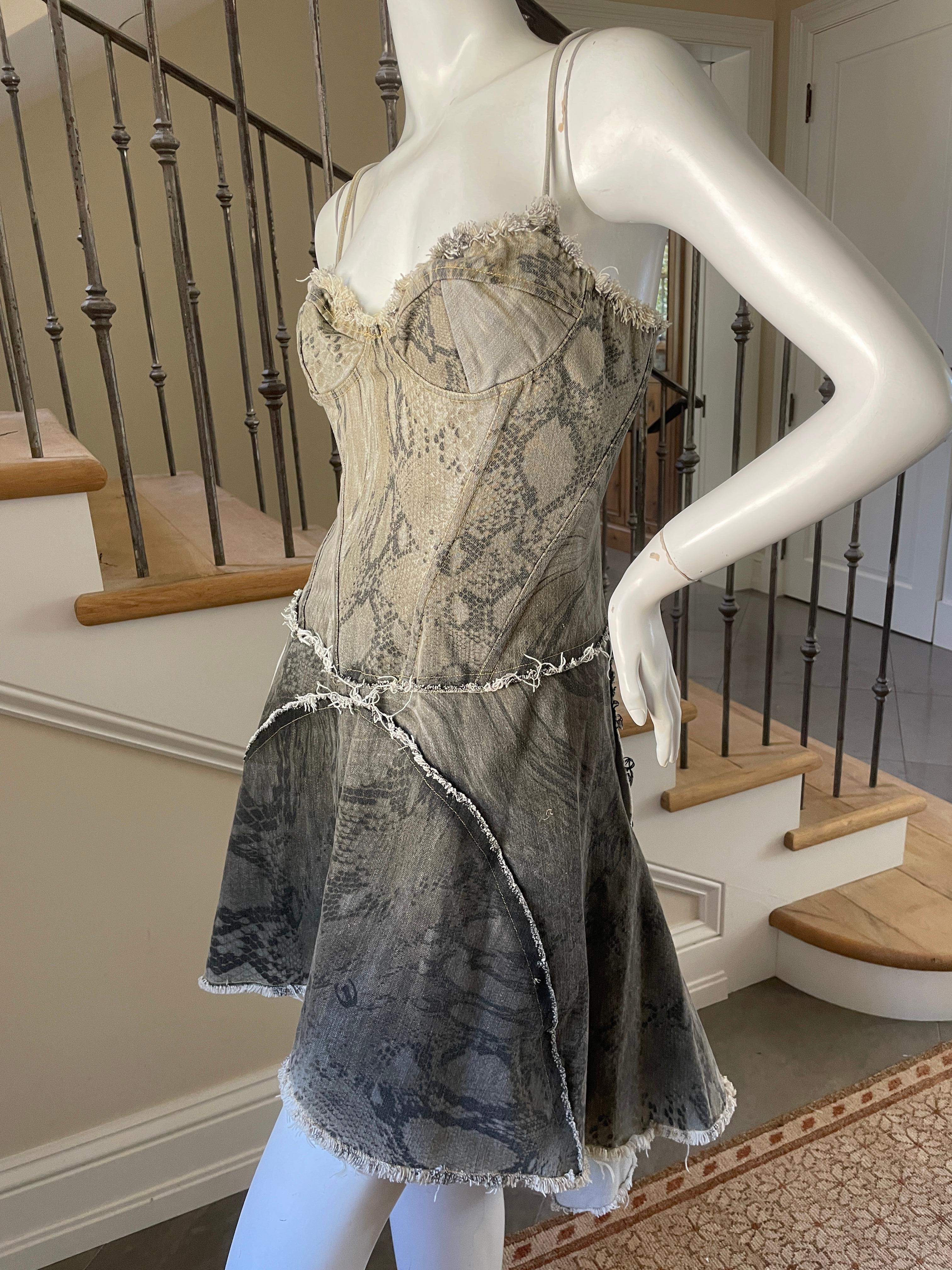 Just Cavalli Vintage Cotton Denim Snake Print Corset Dress by Roberto Cavalli In Excellent Condition For Sale In Cloverdale, CA