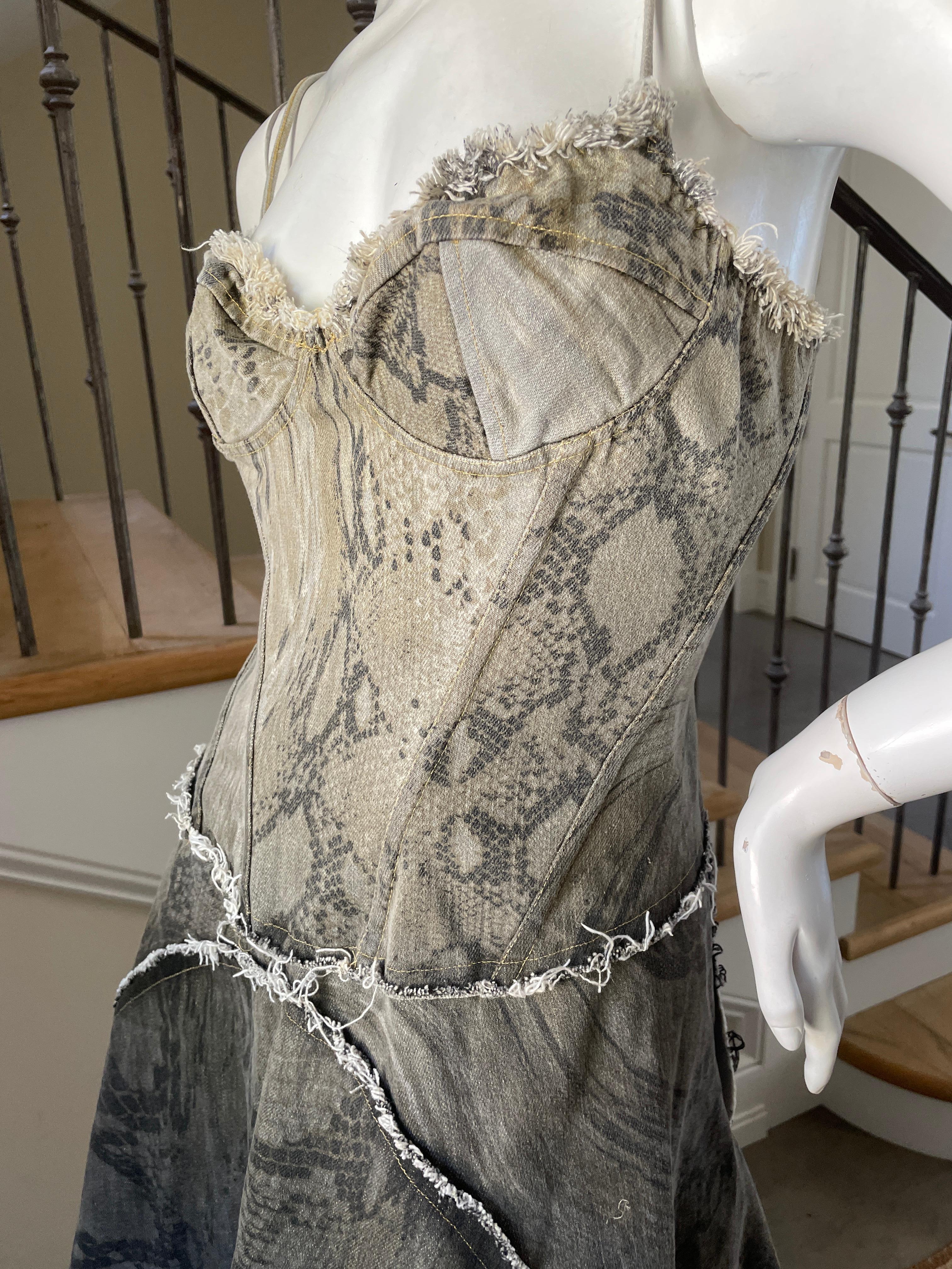 Women's Just Cavalli Vintage Cotton Denim Snake Print Corset Dress by Roberto Cavalli For Sale