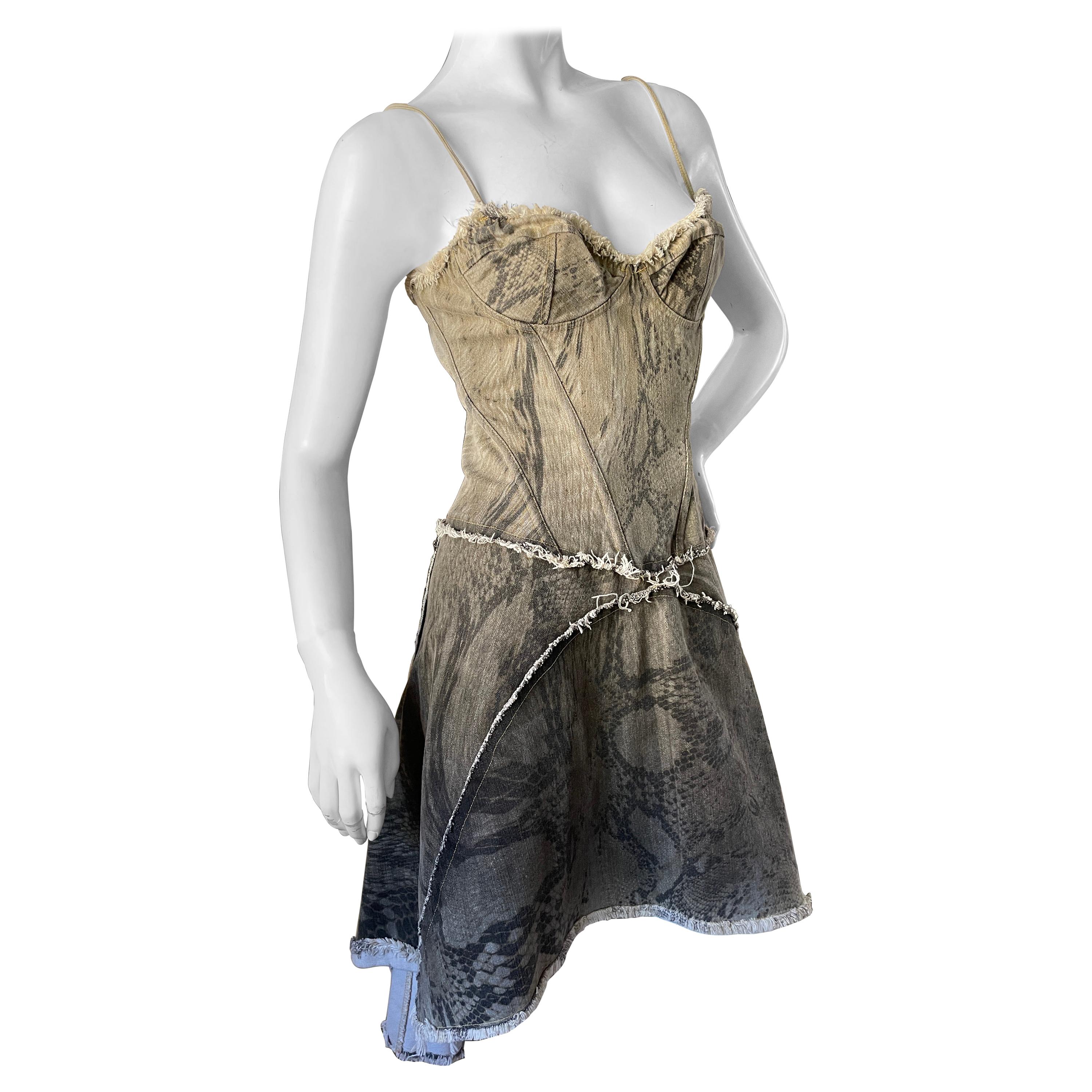 Just Cavalli Vintage Cotton Denim Snake Print Corset Dress by Roberto Cavalli For Sale