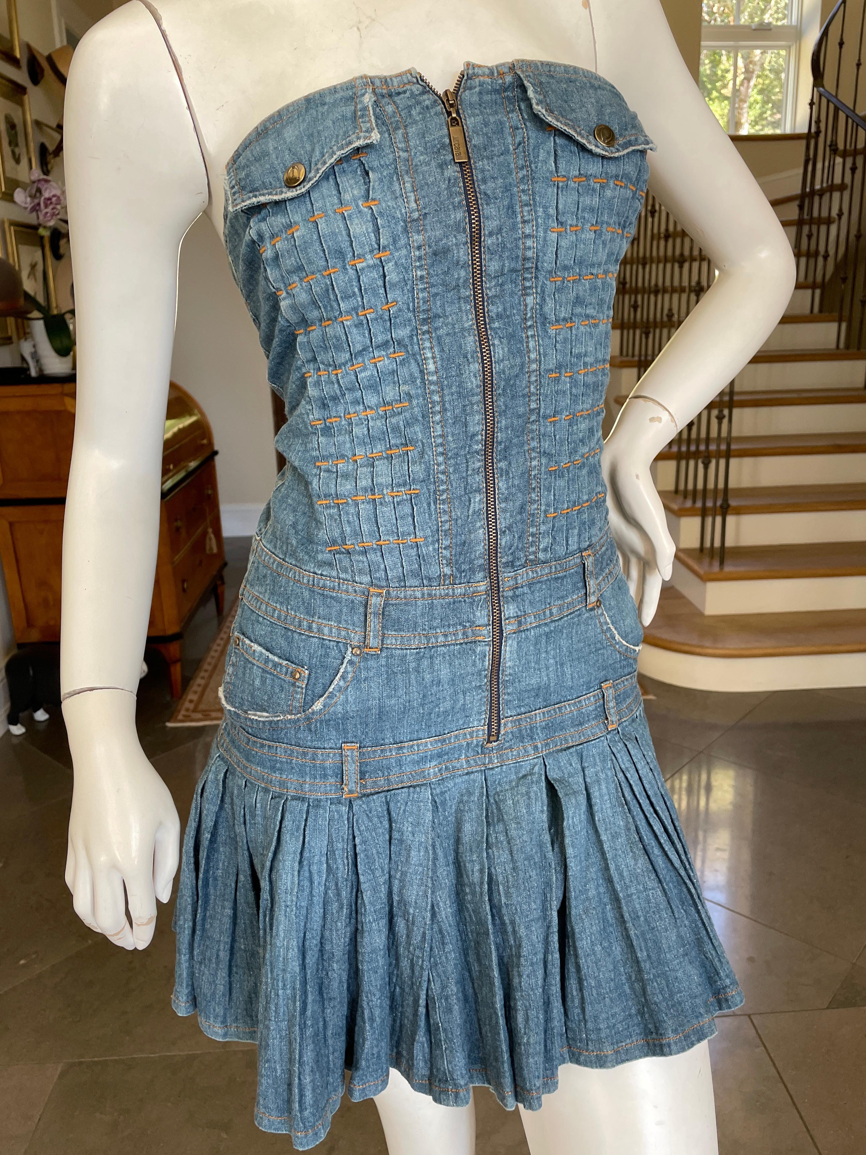 Just Cavalli Vintage Denim Blue Jean Strapless Mini Dress by Roberto Cavalli In Excellent Condition For Sale In Cloverdale, CA