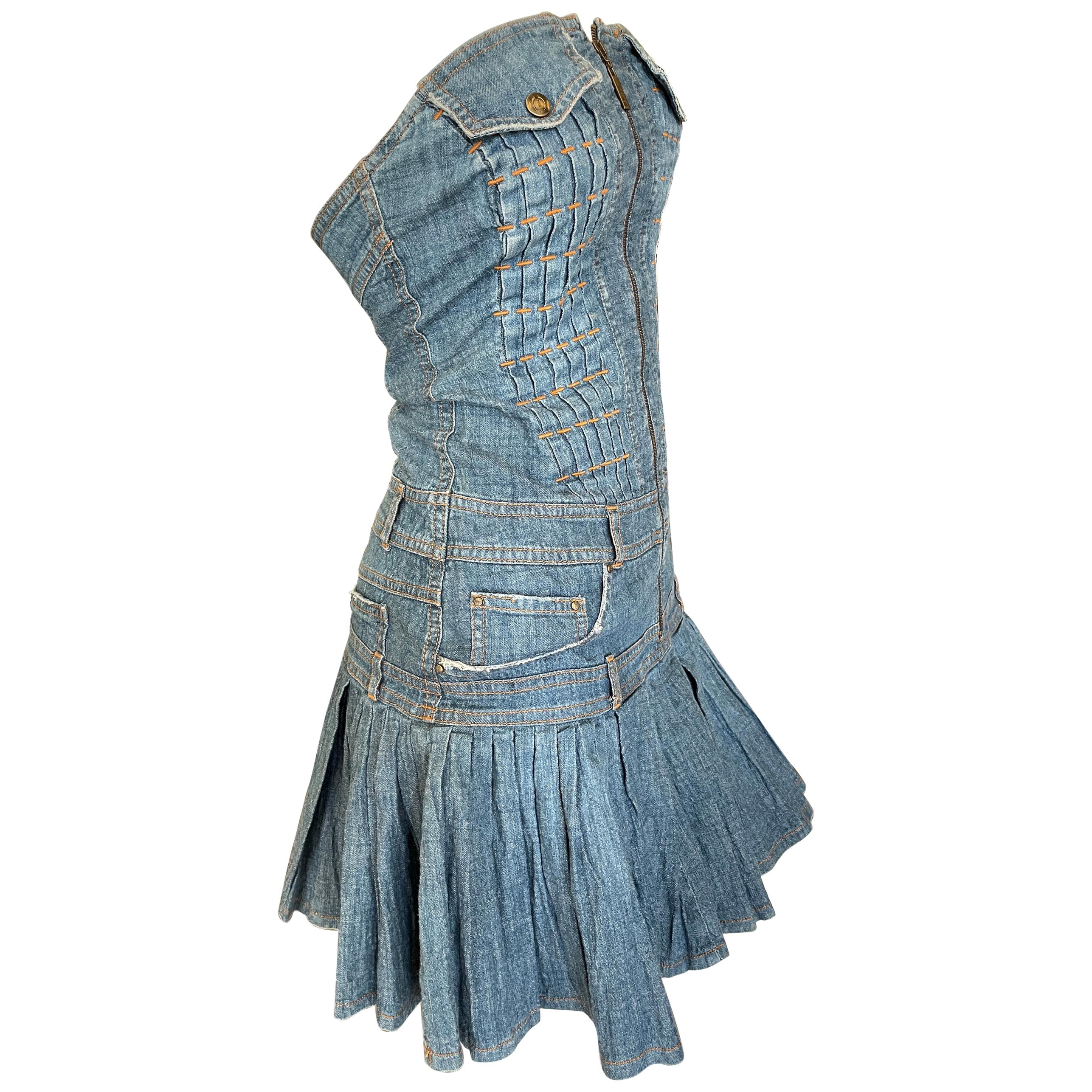 Just Cavalli Vintage Denim Blue Jean Strapless Mini Dress by Roberto Cavalli For Sale