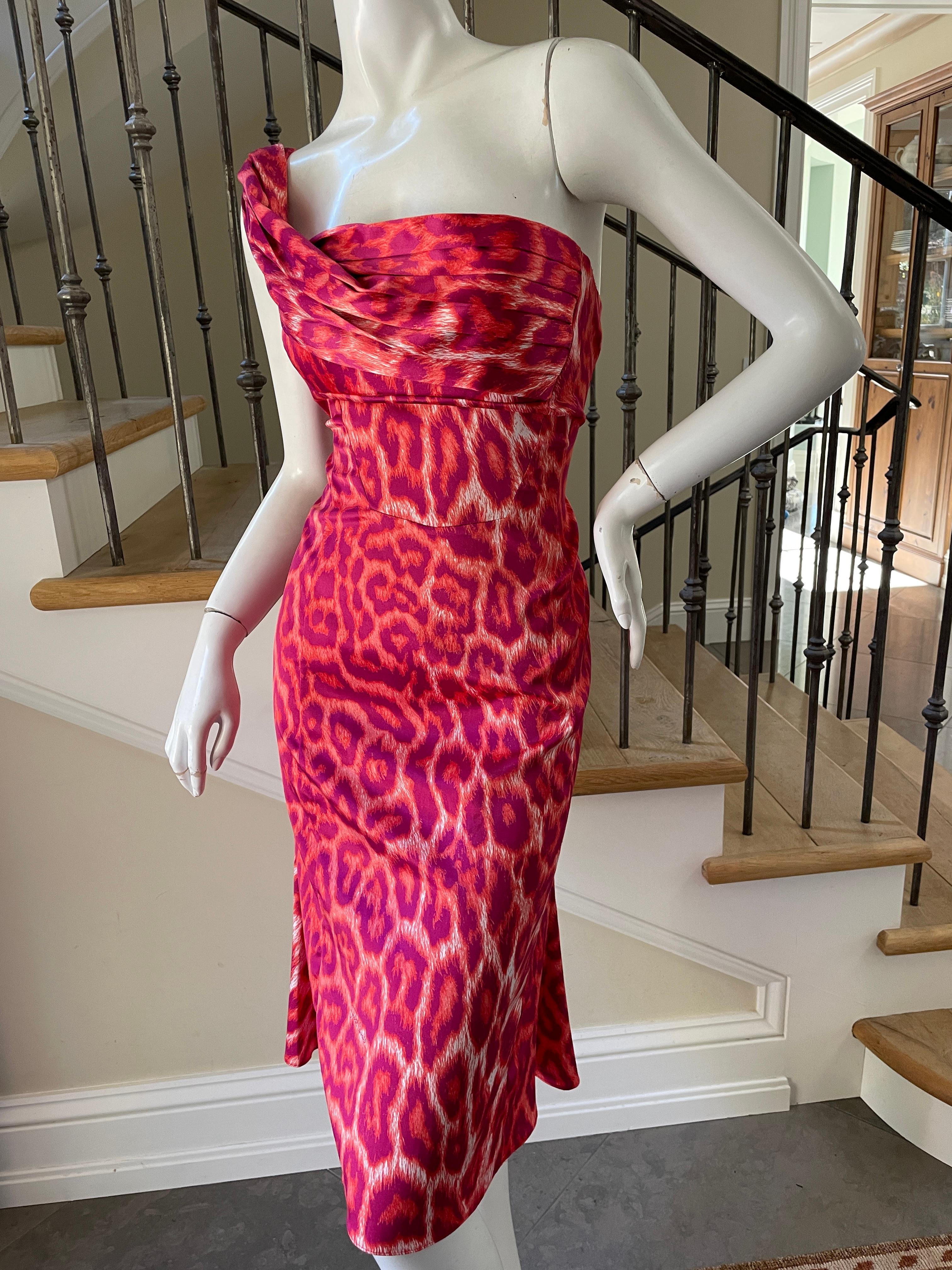 Just Cavalli Vintage One Shoulder Red Leopard Print Cocktail Dress  For Sale 1