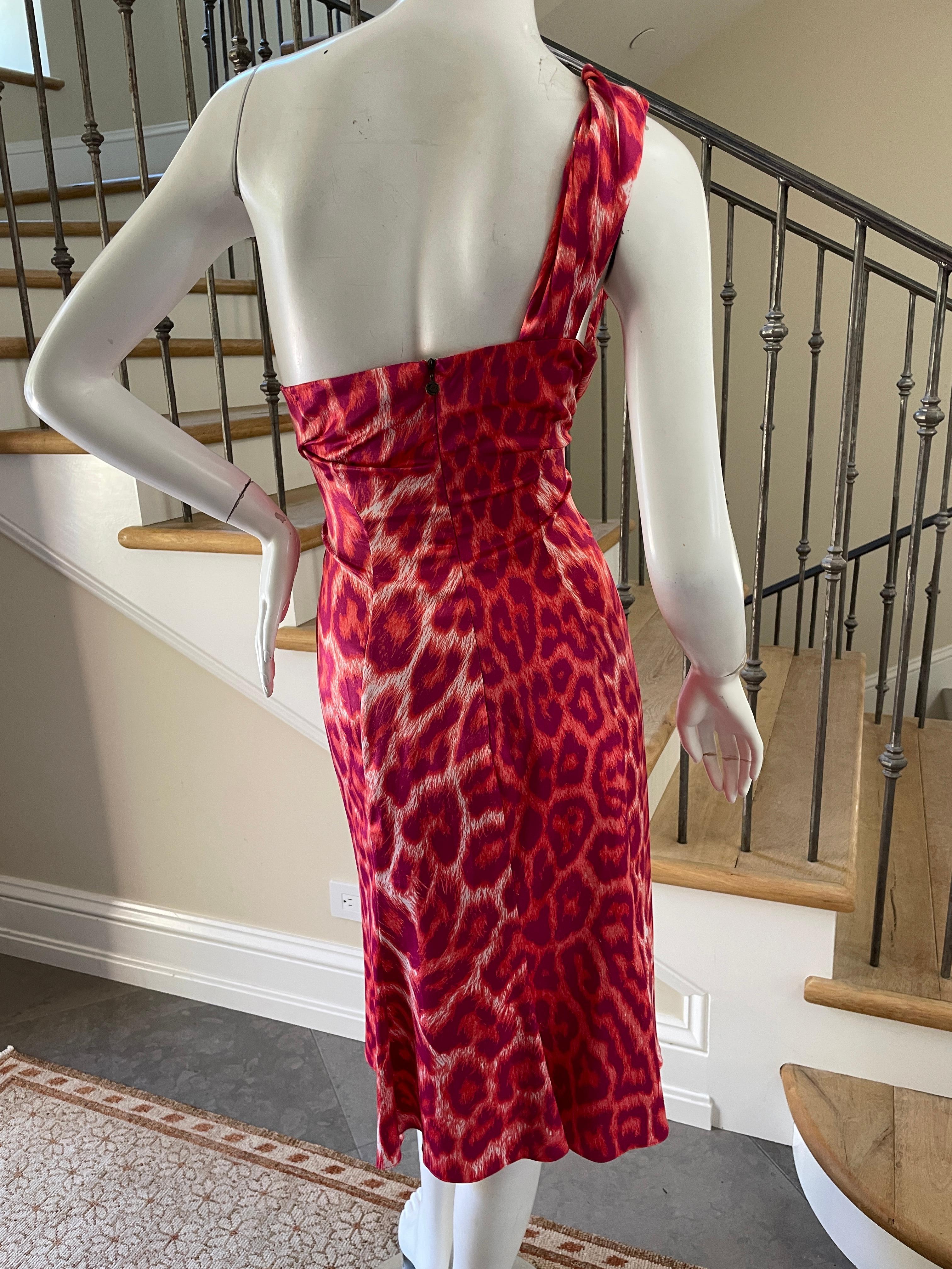 Just Cavalli Vintage One Shoulder Red Leopard Print Cocktail Dress  For Sale 2
