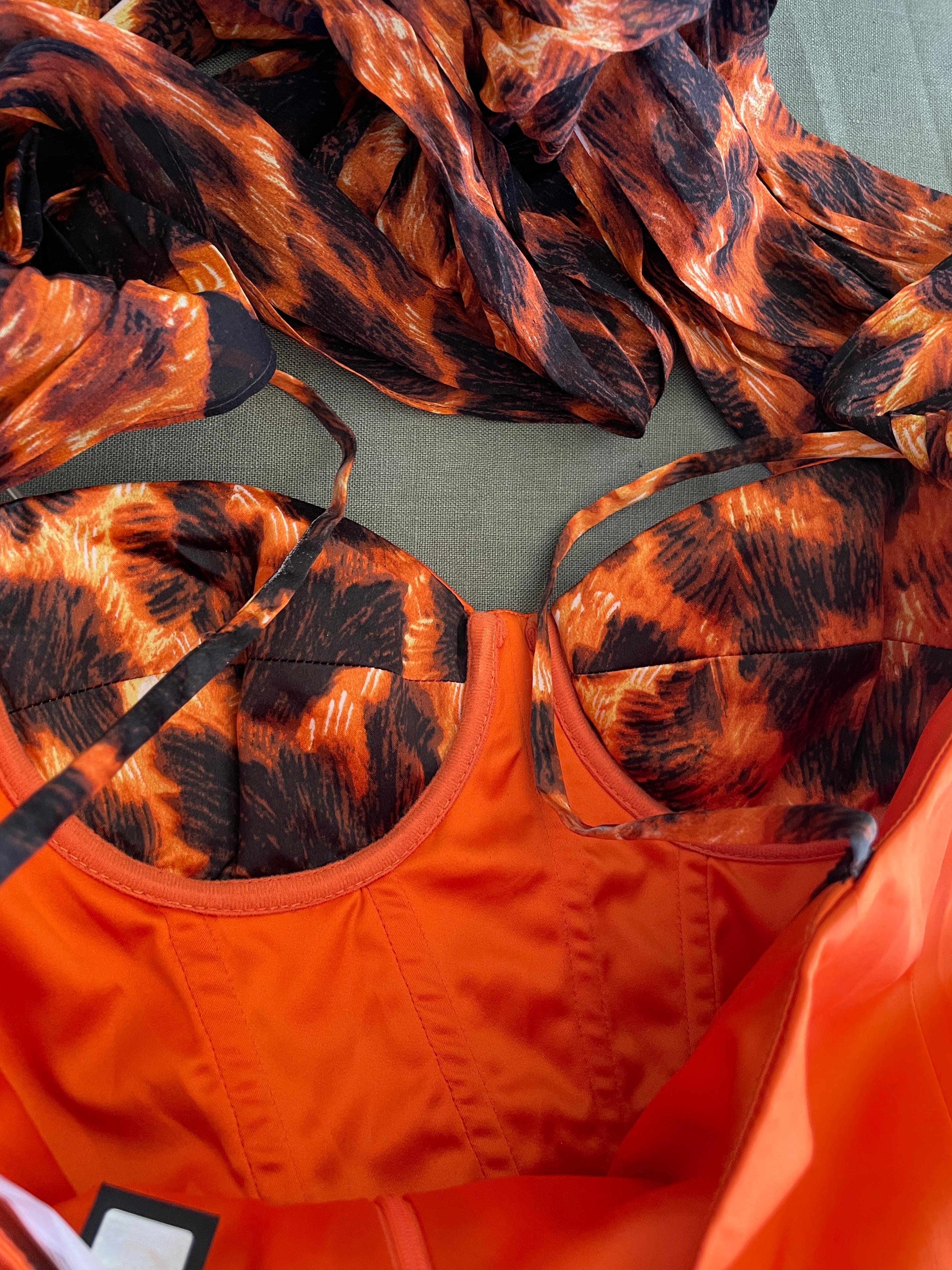 Just Cavalli Vintage Orange Corset Dress with Attached Animal Print Scarves For Sale 5